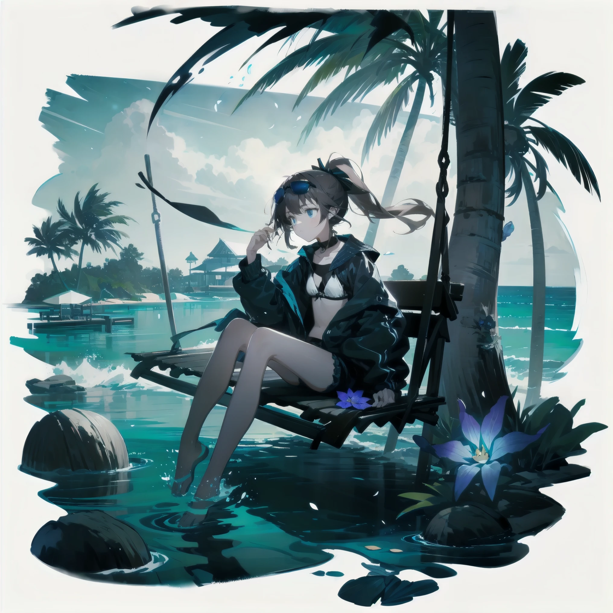 [(White background:1.15), ::2]alone, medium shot, whole body，small stature，Brown flowing ponytail，black collar， Black and blue theme swimsuit，bikini，blue eyes，cold，starlight，Ocean滩，coconut tree，blue glowing flower，blue floating water，Ocean，sitting on the swing，very blooming，Black open flowing windbreaker，wet，Sunglasses on the head，（（Black day）），depressing atmosphere，sad，low saturation