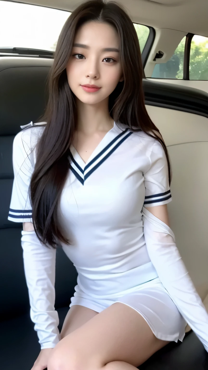((Best picture quality, 8K, tmasterpiece:1.3)),(1girll),Long hair with a shawl,Ultra-fine face,A detailed eye,ssmile,Small chest,Slender abs,The butt is upturned,((White letter vest,White hot pants,white legwear,White sneakers,The legs are long and thin,a variety of poses,Lying on the sofa)),