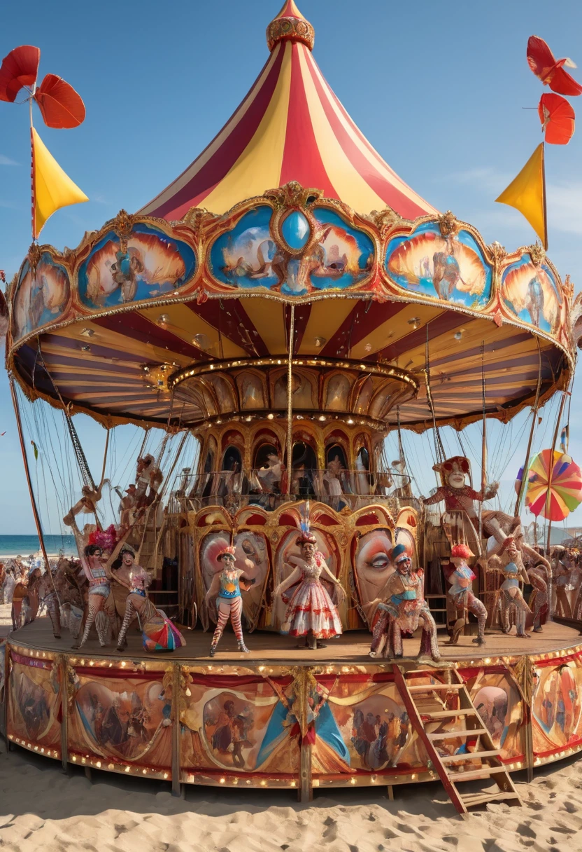 carnival show on beach, stage, circus troup, best quality, masterpiece, Representative work, official art, Professional, Ultra intricate detailed, 8k