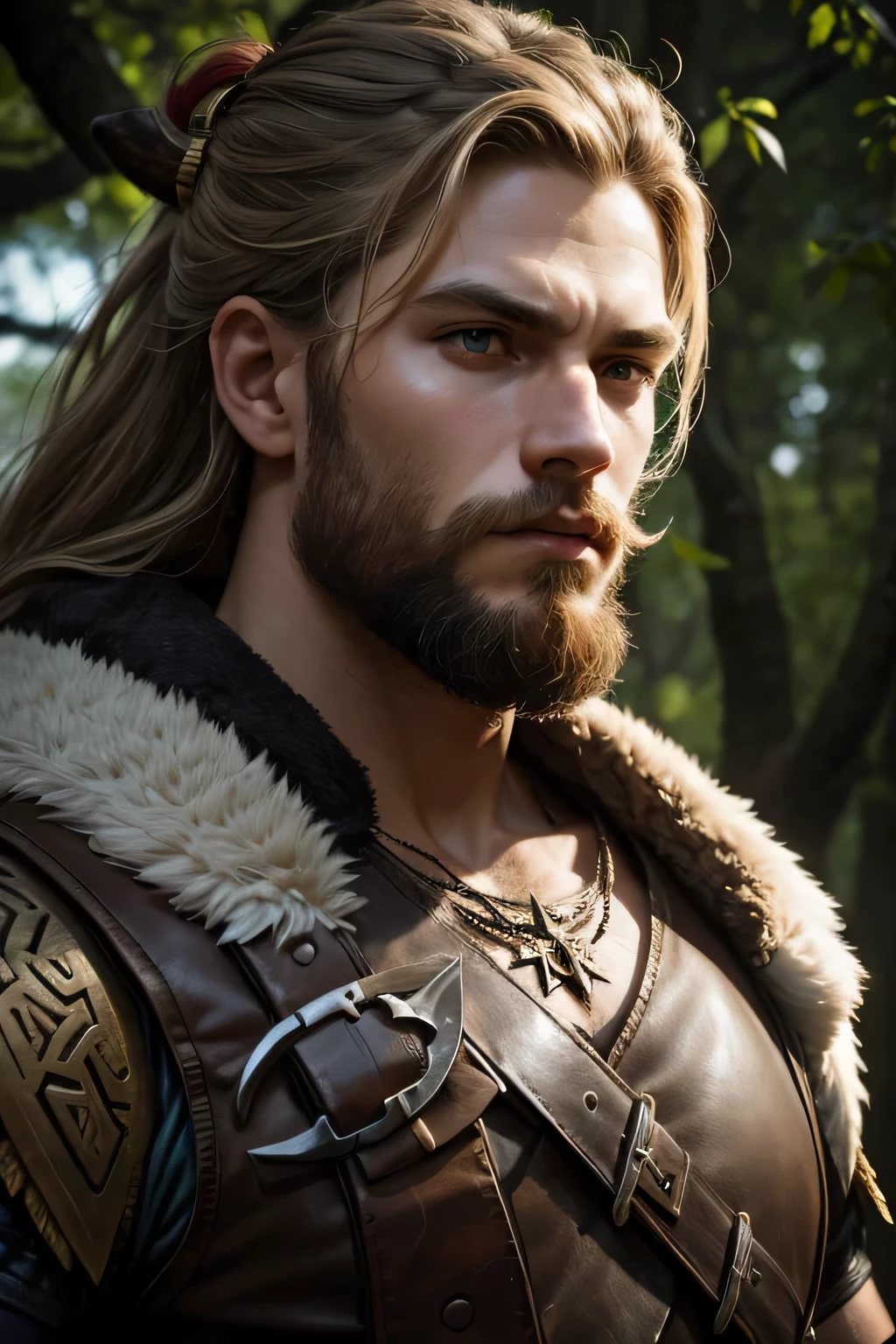 un primer plano de un hombre con una espada en un bosque, norse warrior, Berserker vikingo, guerrero vikingo, epic fantasy character art, Retrato berserker, Jovem guerrero vikingo sem capacete e cabelo castanho escuro curto, cara limpia y sin barba, Armadura de cuero, Rayo en el fondo