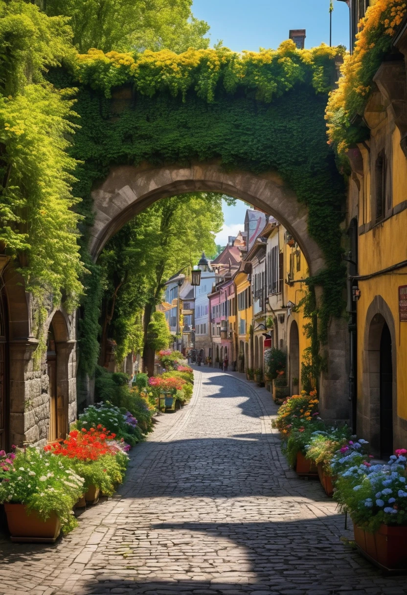 A city of forests, clean clean air, blooming streets, medieval European cities, bright sunlight, people in vivid costumes, bridges, planters,