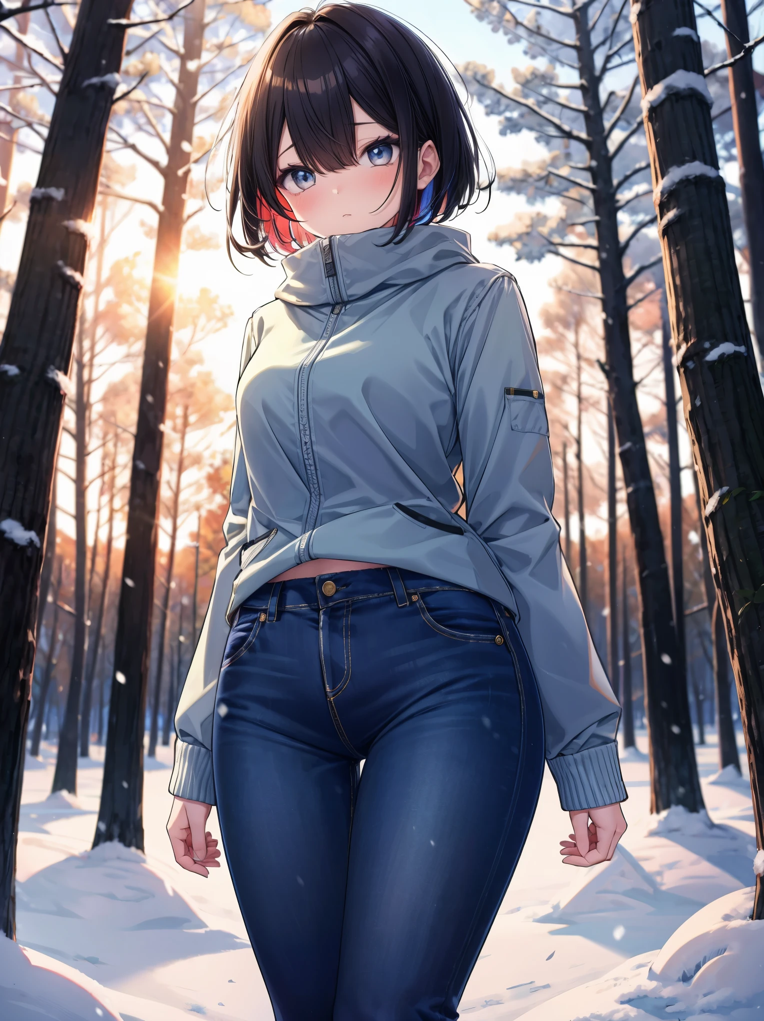 (cowboy shot), (best quality, ultra-high resolution, depth of field:1.2), solo, adult, 1woman, toned body, medium breasts, wide hips, black hair, streaked hair, short hair, bangs, upturned eyes, a hint of melancholy in her gaze, winter, warmly dressed (wearing a winter outfit), denim jeans, snow-laden pine forest, golden light filtering through the trees, wisps of breath visible in the cold air