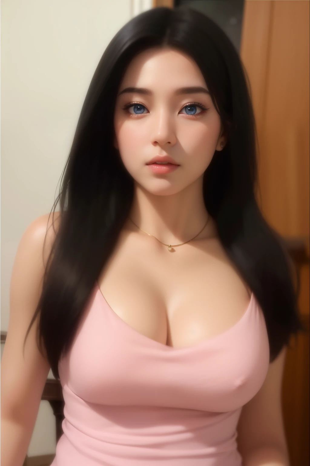 Beautiful big breastokeh), indoors, detailed luxury living room, gentle and charming beautiful goddess, Korean(kpop-idol), solo, necklace, oval face, double eyelids, smart, good hands, good feet, Natural, (from below angle), (glossy skin:1.05), ((low angle)), Perfect figure, (64k, UHD, RAW photo, best quality, masterpiece:1.4), (realistic, photo-realistic:1.37), ultra high res, photon mapping, radiosity, physically-based rendering, professional soft lighting, blue eyes, purpel hair