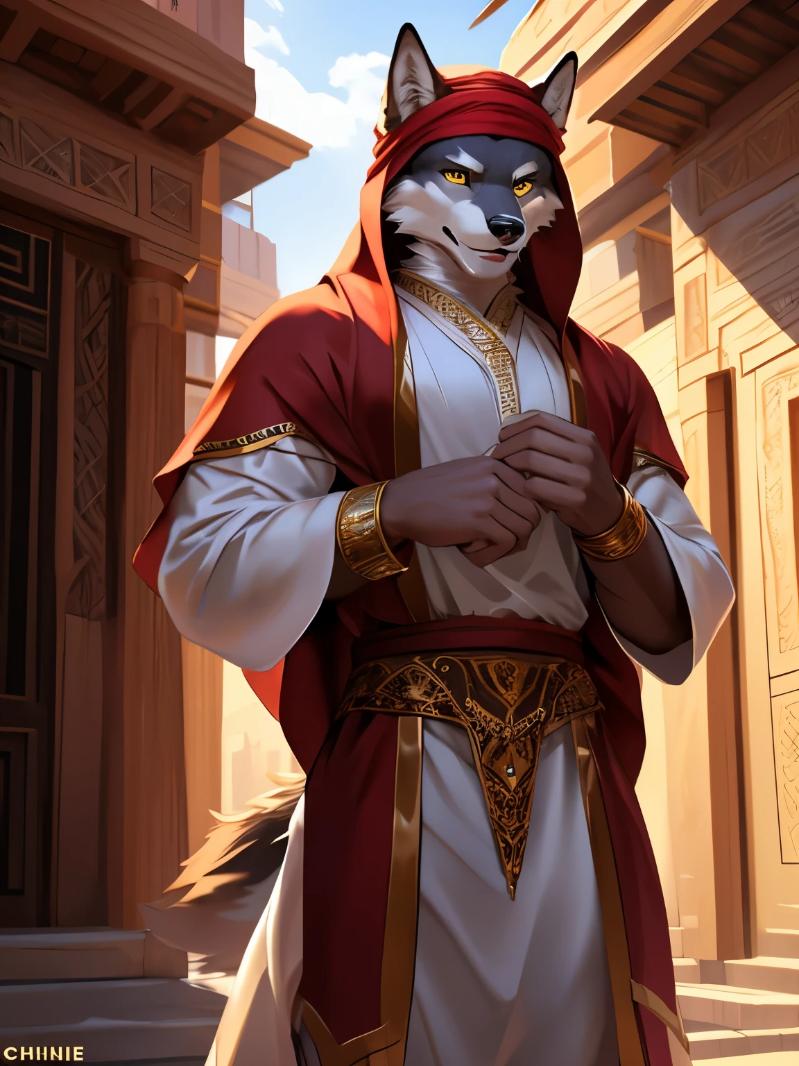 4k, ,8K, A high resolution, best quality, perfect colors, perfect shadows, perfect lighting, (posted on e621, by Chunie), male, furry, Wolf anthro, (Wolf tail), solo, white fur, Yellow eyes, (Realistic eye details 1.2), Wearing Muslim clothing, arabic fashion, arabic style, thobe, turban, in a street with arabian houses, light smile, authoritative, dignified gaze, Full body like, slim body, in a panoramic view, masterpiece, fit body, perfect male figure, Detailed fur, Detailed face, dramatic lighting, soft lighting, day, highly detail, (Detailed eyes), perfect pupils, detail eyes, detail fluffy fur, (seductive face:1.2), (correct anatomy:1.2), (Complex), (Super Detail), (Ultra Clear), (Best Quality)
