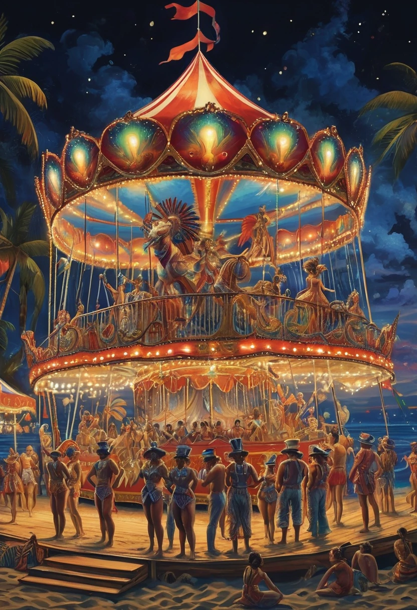 carnival show on beach, stage, circus troup, night, best quality, masterpiece, Representative work, official art, Professional, Ultra intricate detailed, 8k