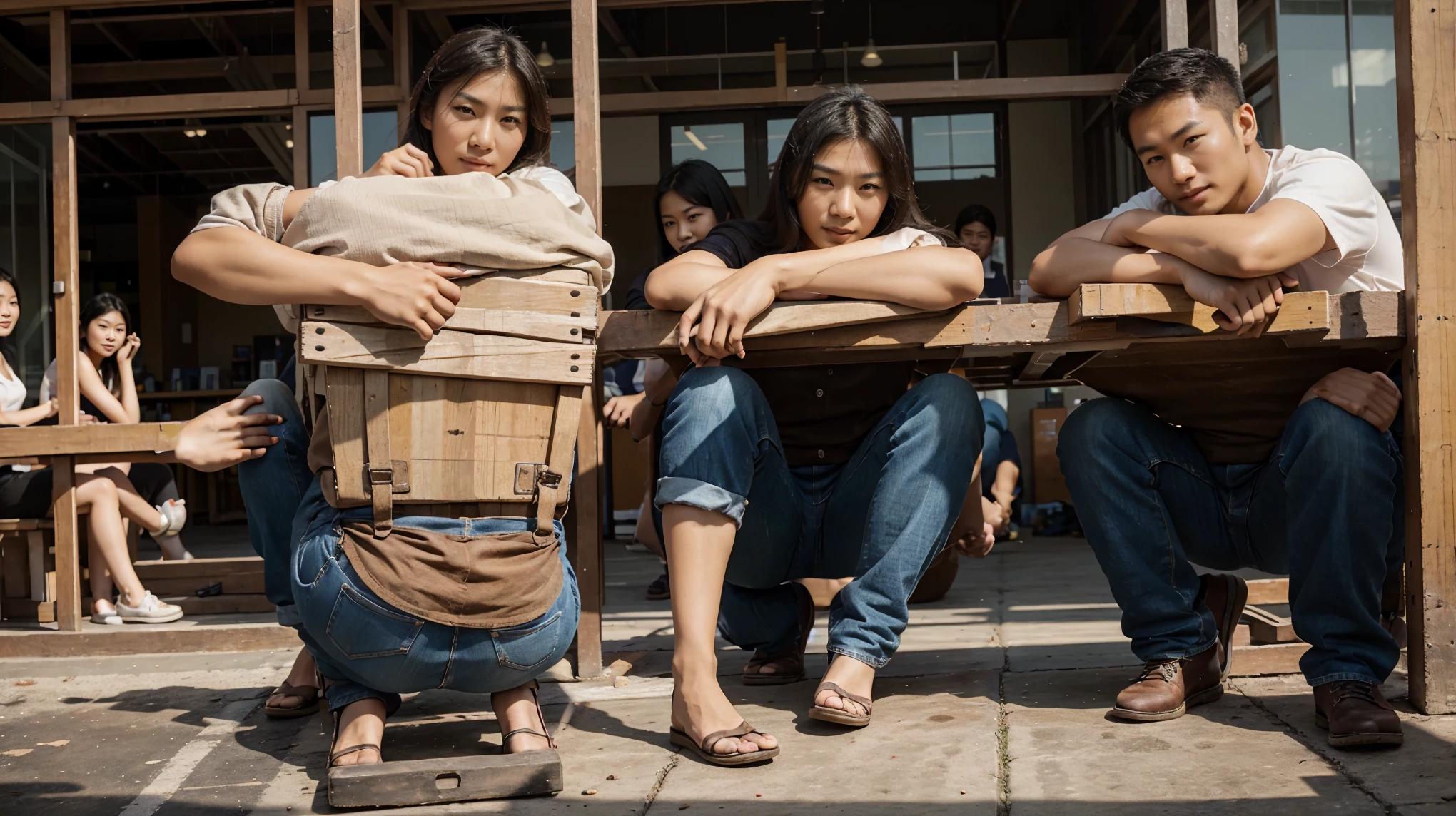 picture of good looking asian people where theyre emphasizing on work culture from construction work to office, happy multiple people looking at the camera