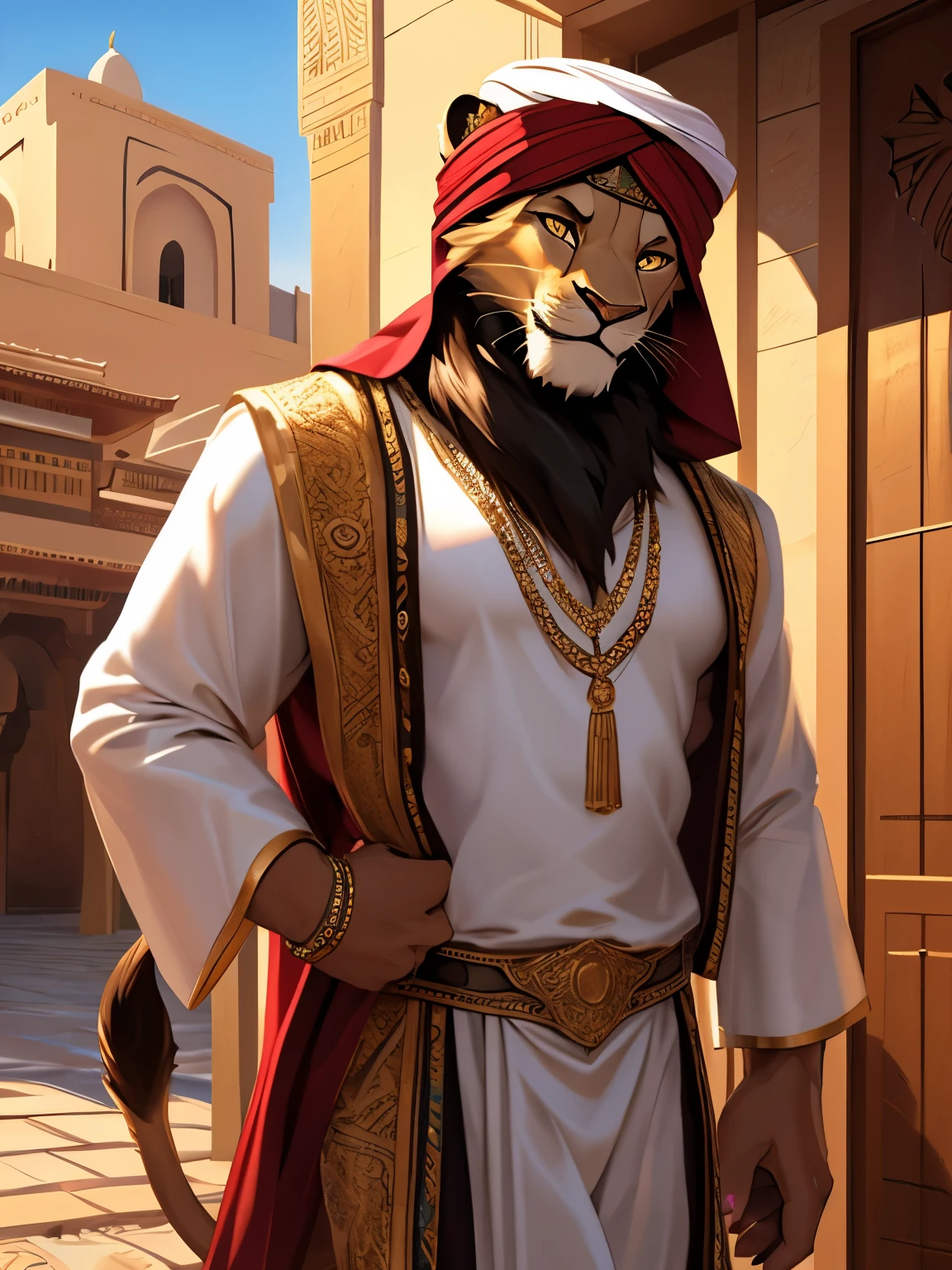 4k, ,8K, A high resolution, best quality, perfect colors, perfect shadows, perfect lighting, (posted on e621, by Chunie), male, furry, Lion anthro, (Lion tail), solo, white fur, Yellow eyes, (Realistic eye details 1.2), Wearing Muslim clothing, arabic fashion, arabic style, thobe, turban, in a street with arabian houses, light smile, authoritative, dignified gaze, Full body like, slim body, in a panoramic view, masterpiece, fit body, perfect male figure, Detailed fur, Detailed face, dramatic lighting, soft lighting, day, highly detail, (Detailed eyes), perfect pupils, detail eyes, detail fluffy fur, (seductive face:1.2), (correct anatomy:1.2), (Complex), (Super Detail), (Ultra Clear), (Best Quality)