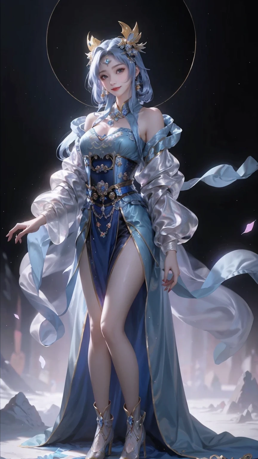 wearing blue clothes、Woman in blue shawl and necklace, beautiful fantasy queen beautiful fantasy queen)), palace ， A girl wearing Hanfu, In line with ancient Chinese aesthetics, Hanfu, Xianxia fantasy, Xianxia, traditional beauty, Inspired by Huang Ji, full body Xianxia, Wearing ancient Chinese clothing
