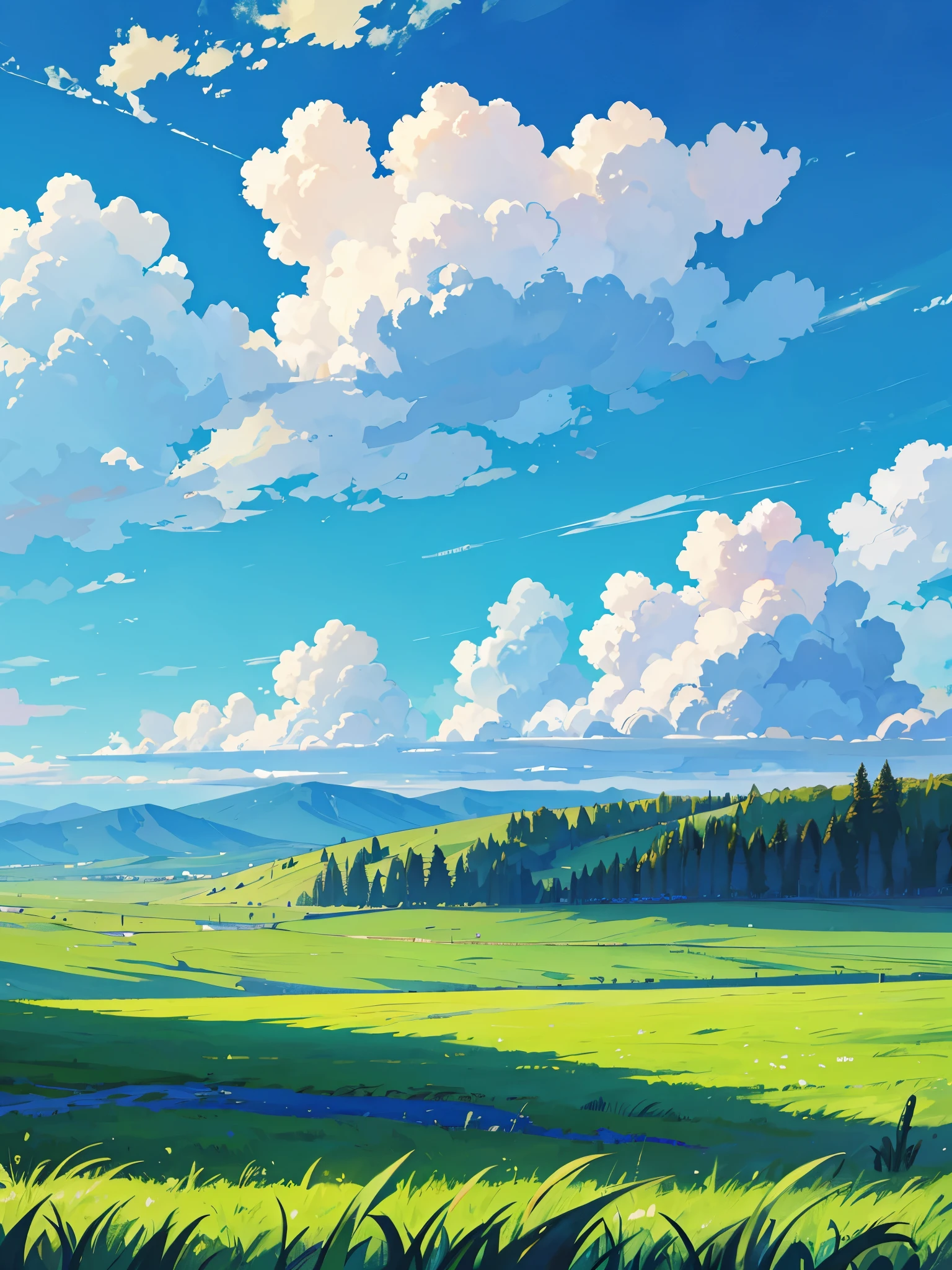 A vast grassland with a blue sky full of clouds