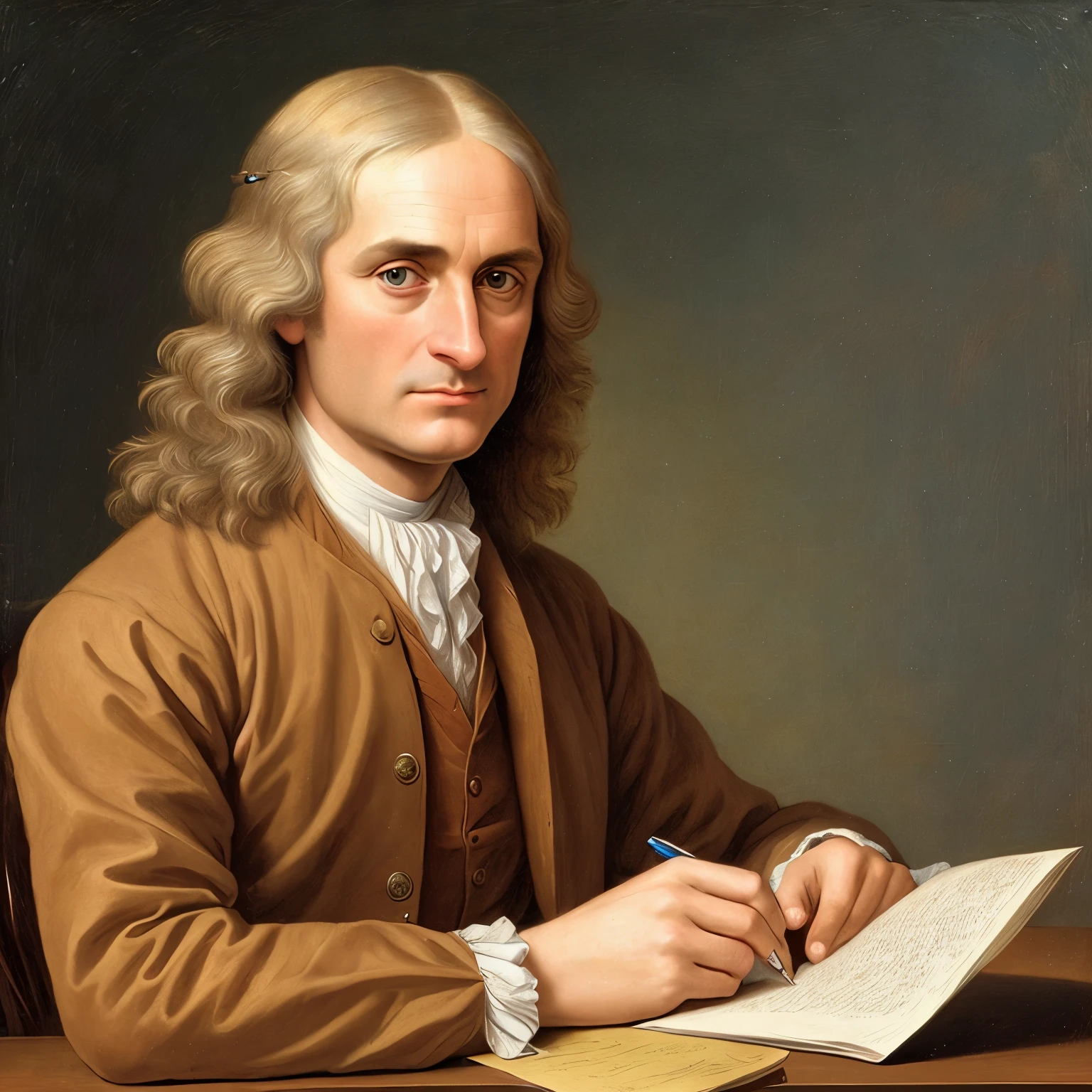 A thoughtful depiction of Isaac Newton, famous scientist and inventor, deeply engrossed in contemplation. (Realism: 1.5), (Portrait: 1.2), Masterpiece, Best quality, Ultra high resolution, (Detailed wrinkles: 1.3), (Period costume: 1.2), Sitting at a wooden desk cluttered with books and papers, quill pen in hand, gazing intently into the distance with piercing blue eyes, lost in thought, an enlightened mind at work, a masterpiece of intellectual focus, sharp and clear, exuding wisdom and curiosity.
