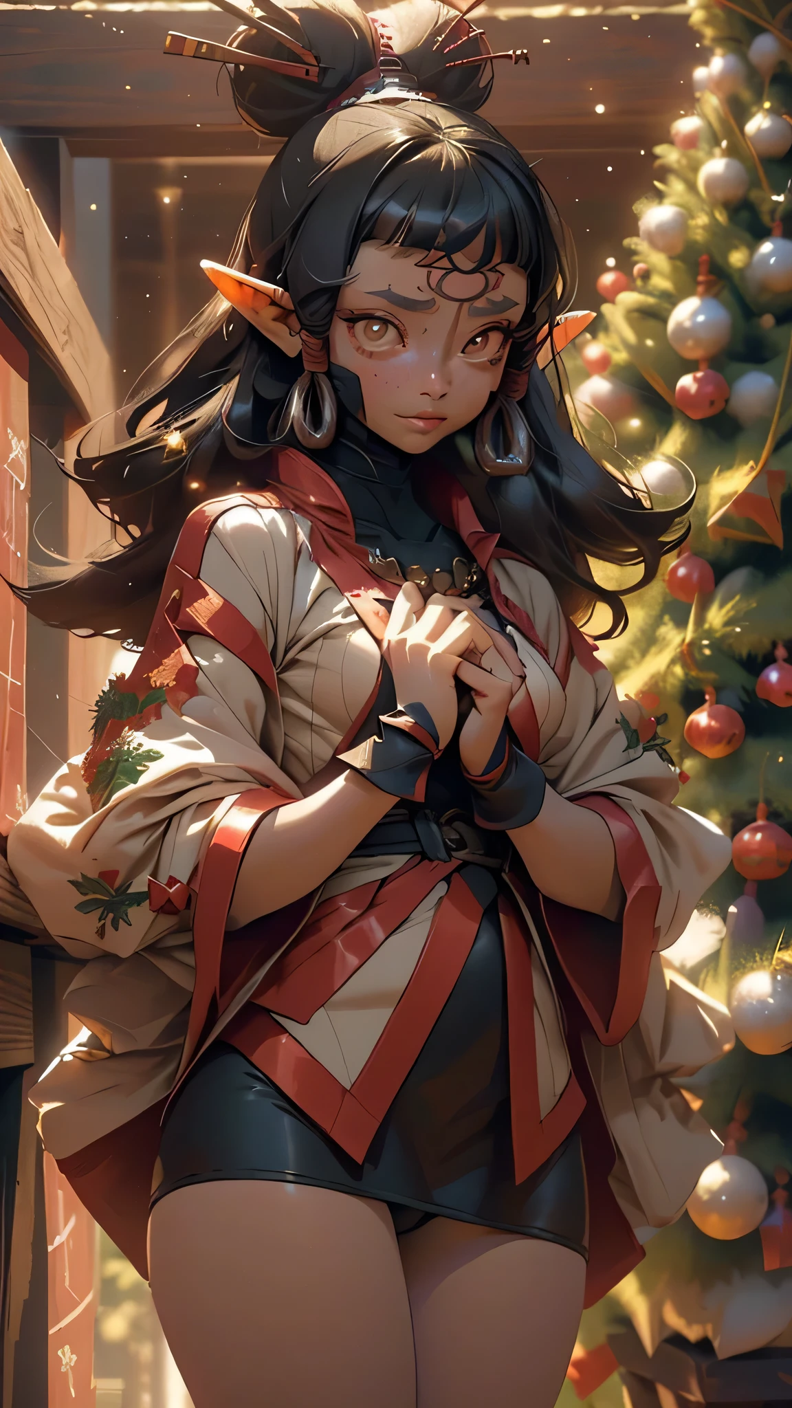 paya, cute elf ,girl, 1girl,(((little ,tiny little body,small))),((())),((anime elf with extremely cute and beautiful black hair)),(((elf, elf ears))),
(((flat chest))),((((black hair:1.35,ponytail braid hair,colored inner hair,ear breathing)))),(((red_eyes:1.3))),intricate eyes,beautiful detailed eyes,symmetrical eyes,big eyes:1.5,(((lustrous skin:1.5,bright skin: 1.5,skin tanned,shiny skin,very shiny skin,shiny body,plastic glitter skin,exaggerated shiny skin,illuminated skin))),(delicate detailed fingers,detailed body,detailed arms,human hands,(detailed face)),
cute,slutty,erotic,daring,nsfw,
zettai ryouiki,revealing clothing,show skin,(((Sexy red fur coat, red fur coat outfit, wearing a red fur coat:1.3,red winter coat))), ((red mini-skirt,red mini skirt with furry edge,visible thong straps)),((underpants strap)),(white gloves,red clothes,semi-naked,with little red clothing,(((furry edge clothing)))),(((intricate outfit,intricate clothes,embroidered outfit,ornate outfit,embroidered clothes,ornate clothes))),
(dynamic pose:1.0),embarrassed,(centered,scale to fit dimensions,Rule of thirds),
inside,indoor,((cozy gothic room)),scenery:1.25,((intricate scenery)),((winter decorations)),(Christmas tree:1.5),
(Glossy winter ornaments),highres,sharp focus,(ultra detailed,extremely detailed),(photorealistic artwork:1.37),(extremely detailed CG unity 8k wallpaper),(((vibrant colors,vibrant theme))),(intricate),(masterpiece),(best quality),