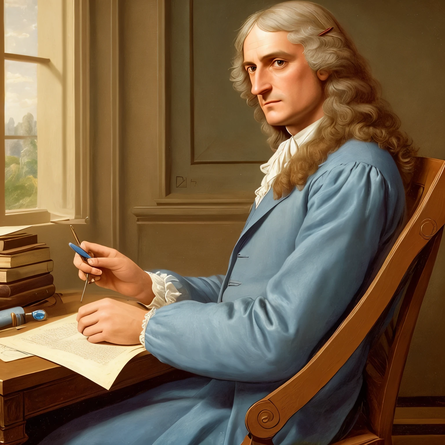 A thoughtful depiction of Isaac Newton, famous scientist and inventor, deeply engrossed in contemplation. (Realism: 1.5), (Portrait: 1.2), Masterpiece, Best quality, Ultra high resolution, (Detailed wrinkles: 1.3), (Period costume: 1.2), Sitting at a wooden desk cluttered with books and papers, quill pen in hand, gazing intently into the distance with piercing blue eyes, lost in thought, an enlightened mind at work, a masterpiece of intellectual focus, sharp and clear, exuding wisdom and curiosity.