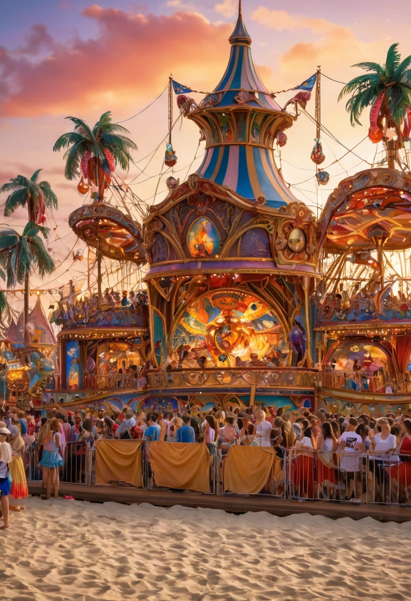 Disney show on beach, stage, carnival, best quality, masterpiece, Representative work, official art, Professional, Ultra intricate detailed, 8k
