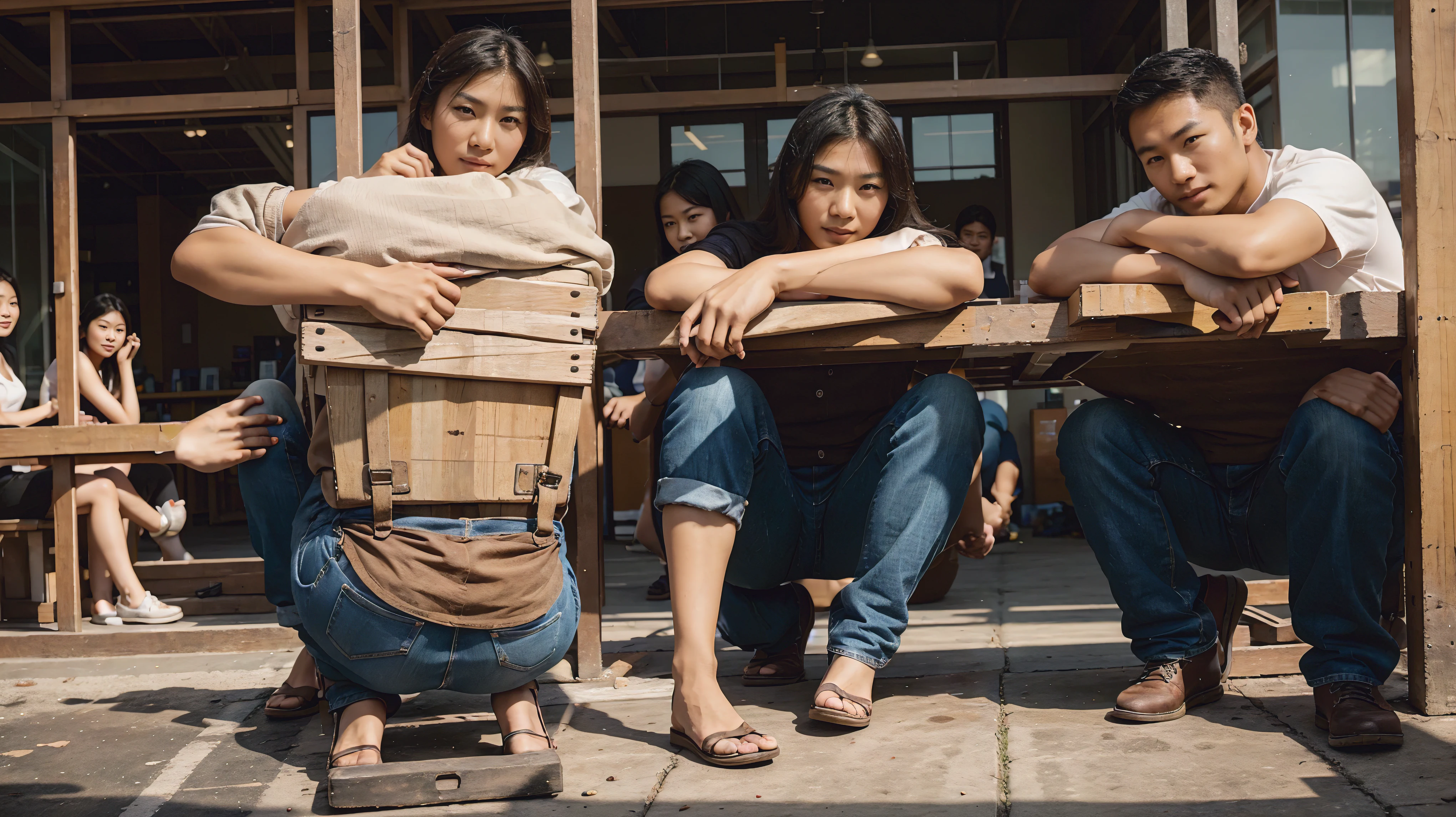 picture of good looking asian people where theyre emphasizing on work culture from construction work to office, happy multiple people looking at the camera