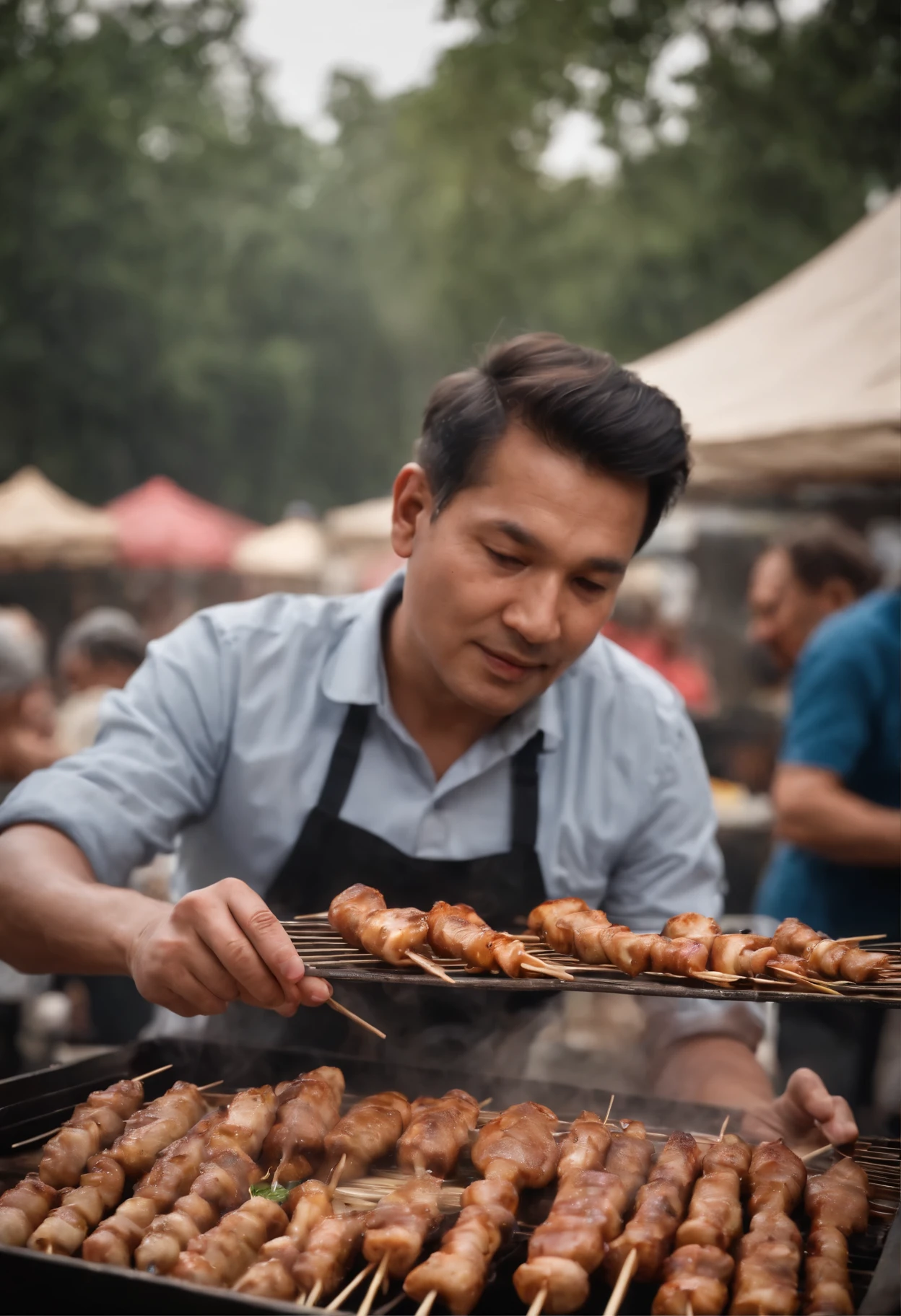 street food stall，The boss is in full swing making barbecue skewers for diners