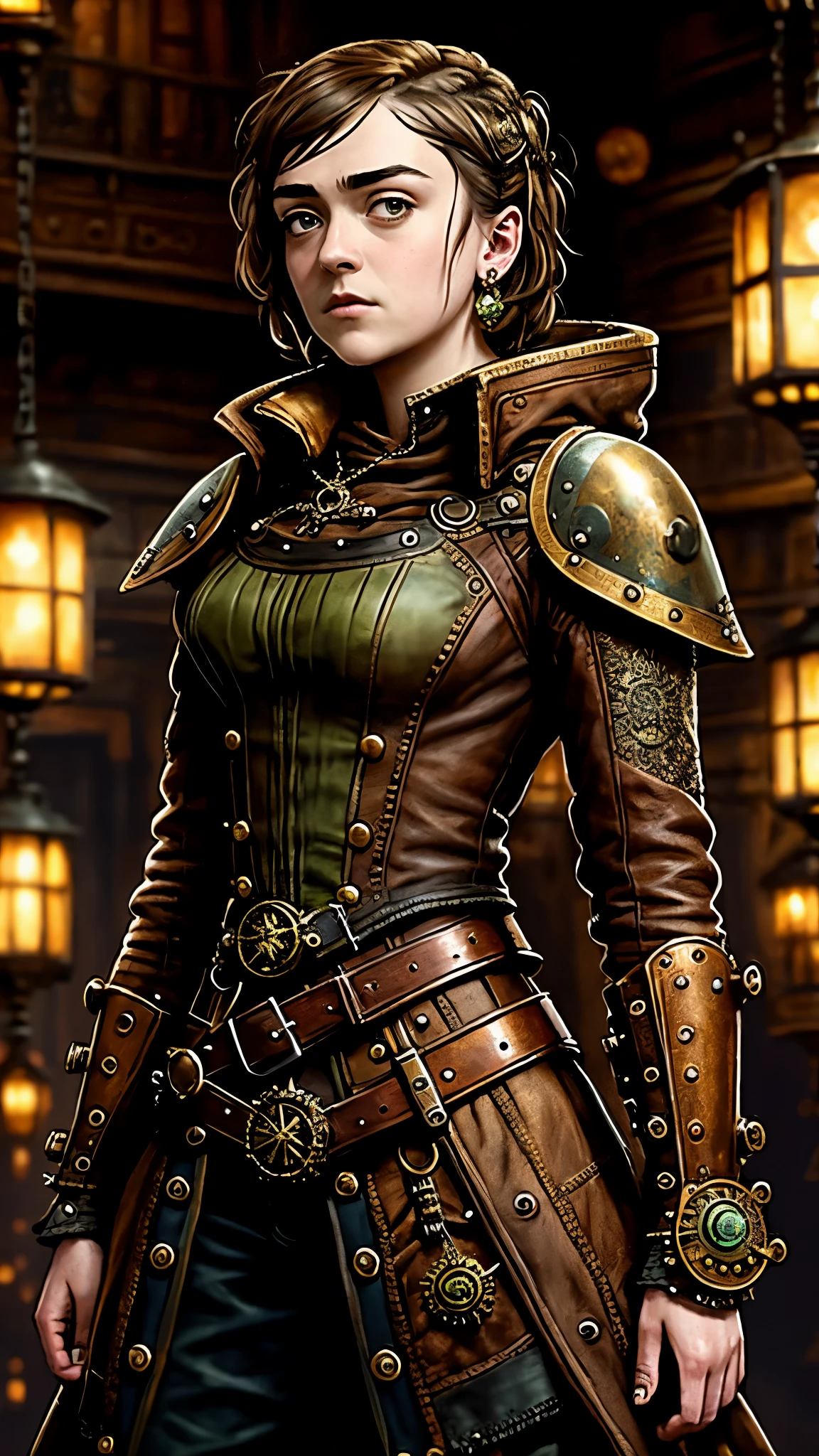 steampunkai, ((Maisie Williams)) as Arya Stark, steampunk brown locks, steampunk intricate green dress, cleavage, earrings, ring, standing in the steampunk hall, 1woman, solo, beautiful detailed glow, detailed, cinematic light, intricate detail, realistic, highres, detailed facial features, high detail, sharp focus, smooth, aesthetic, extremely detailed, stamp, octane render