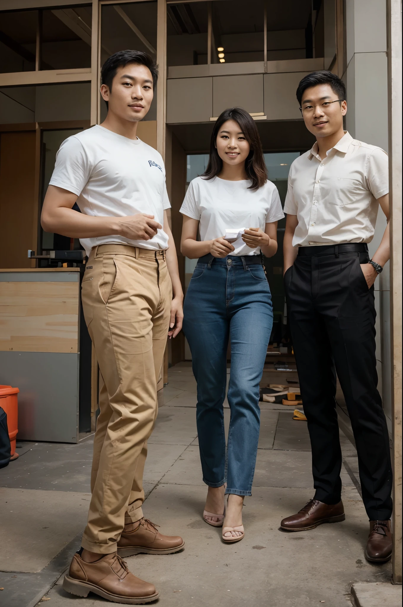 picture of good looking asian people where theyre emphasizing on work culture from construction work to office, happy multiple people looking at the camera