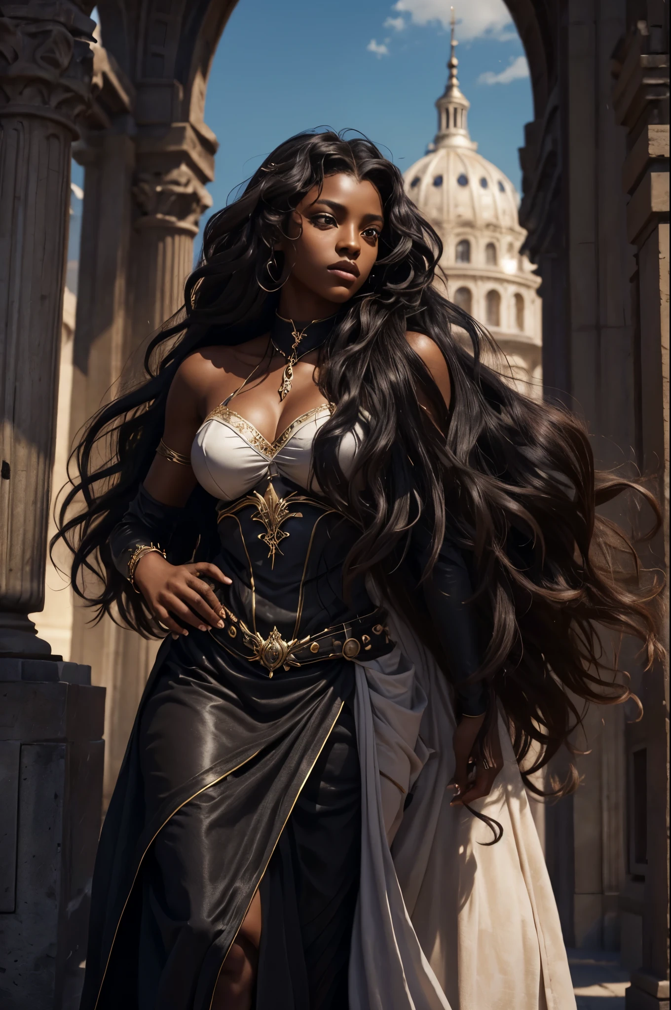 Je veux que tu me fasses une couverture pour un roman Fantasy romance, ces deux personnages sont noirs de peau, dark skin, ils sont des ennemis, ils veulent s'entretuer, surtout lui, elle, she mainly defends herself but her goal is to save him at all costs too. Le garçon est dark skin, with curly mid-length hair, the girl has long curly hair. They are very beautiful.