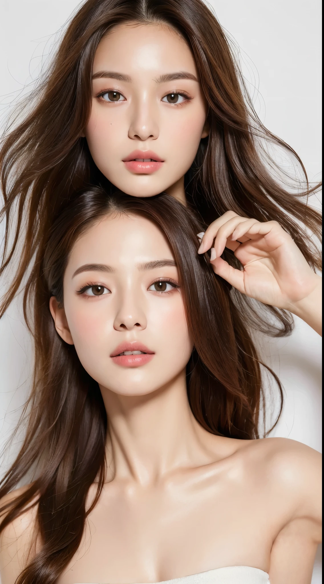 ((highest quality, 8k, masterpiece: 1.3)), sharp: 1.2, perfect body beauty: 1.4, slim abs: 1.2, ((long hair: 1.2)), (white background: 1.2), Highly detailed face and skin texture, fine eyes, double eyelid, light makeup, Frontal face looking at the camera
