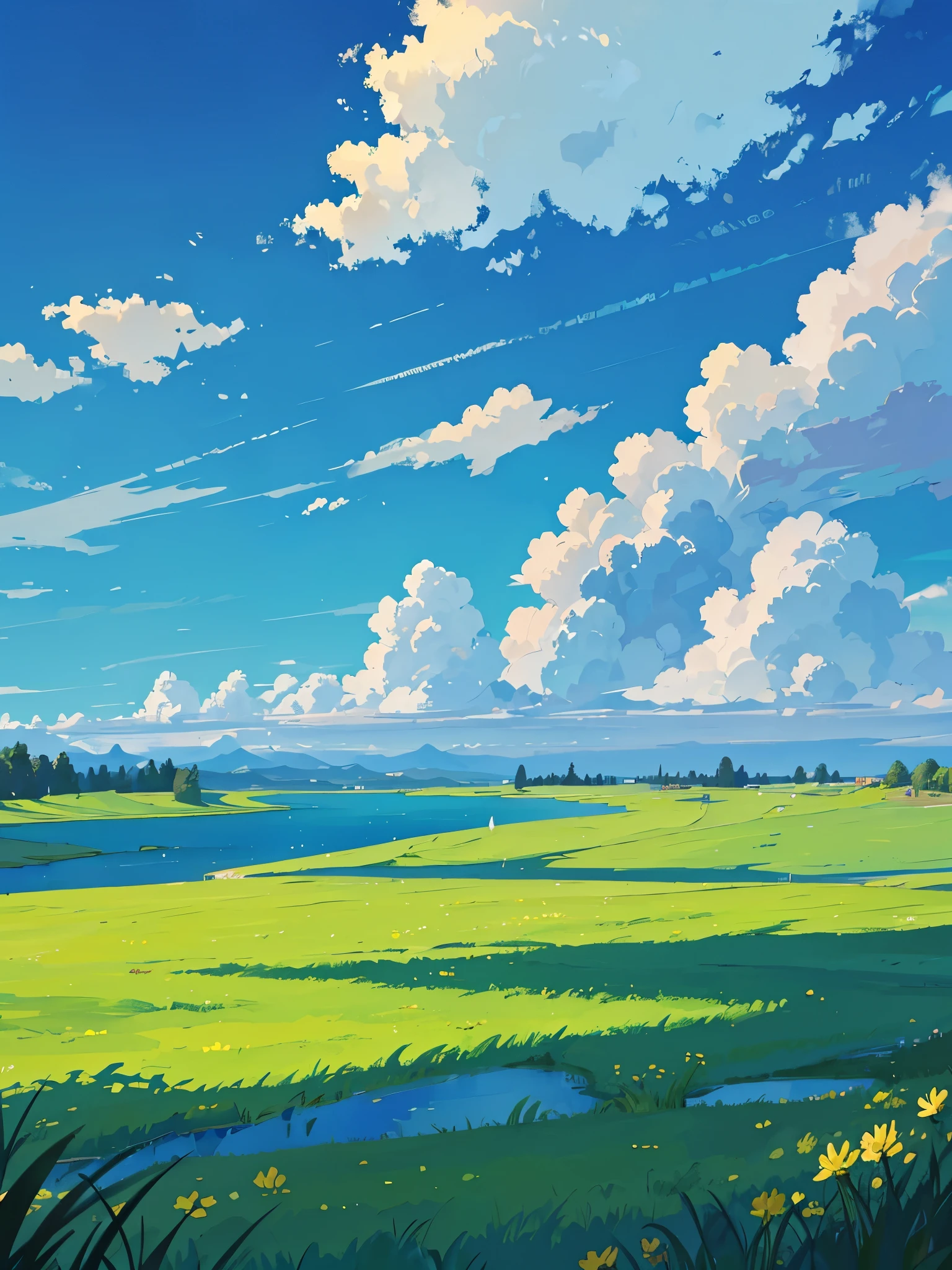 A vast grassland with a blue sky full of clouds with lake