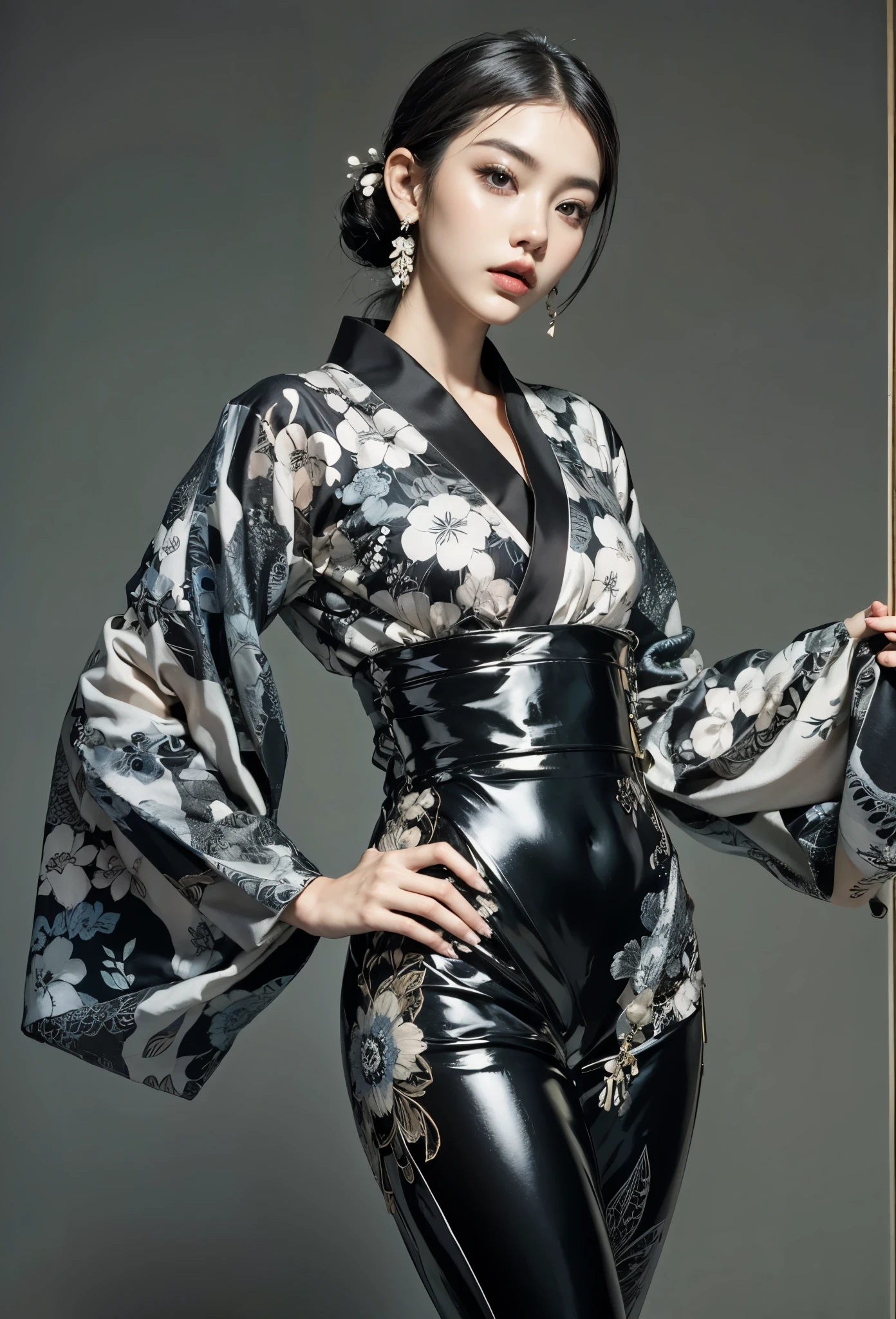//Character
1girl,
BREAK
//Fashions
Geometric Pattern Printed Kimono-Inspired Bodysuit Ensemble,
Craft a captivating ensemble by merging the elegance of a Japanese kimono with a modern twist, featuring a bodysuit with kimono-inspired sleeves and collar, adorned with geometric pattern prints,
Embellish the upper body of the ensemble in the style of a kimono with intricate geometric pattern prints adorning the sleeves and collar, evoking the traditional beauty of Japanese textile design,
BREAK
Opt for a deep V-neckline or an off-the-shoulder style for the bodysuit, accentuating the modern allure of the ensemble while maintaining the essence of a kimono,
Design the lower half of the ensemble as a sleek and form-fitting latex bodysuit extending to the ankles, in a color palette of black, white, or gray, allowing the kimono-inspired details to stand out,
BREAK
Accessorize with minimalist jewelry such as geometric earrings or sleek cuffs, complementing the geometric pattern prints of the bodysuit ensemble,
Complete the look with sleek thigh-high boots or strappy heels in a matching latex material, adding a touch of sophistication and modernity to the overall ensemble,
BREAK