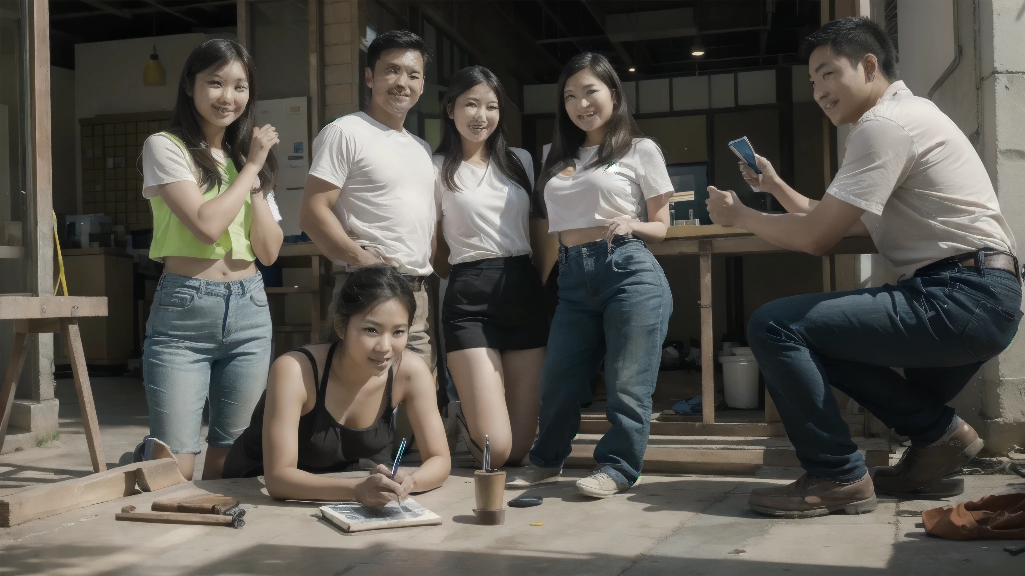 picture of good looking asian people where theyre emphasizing on work culture from construction work to office, happy multiple people looking at the camera