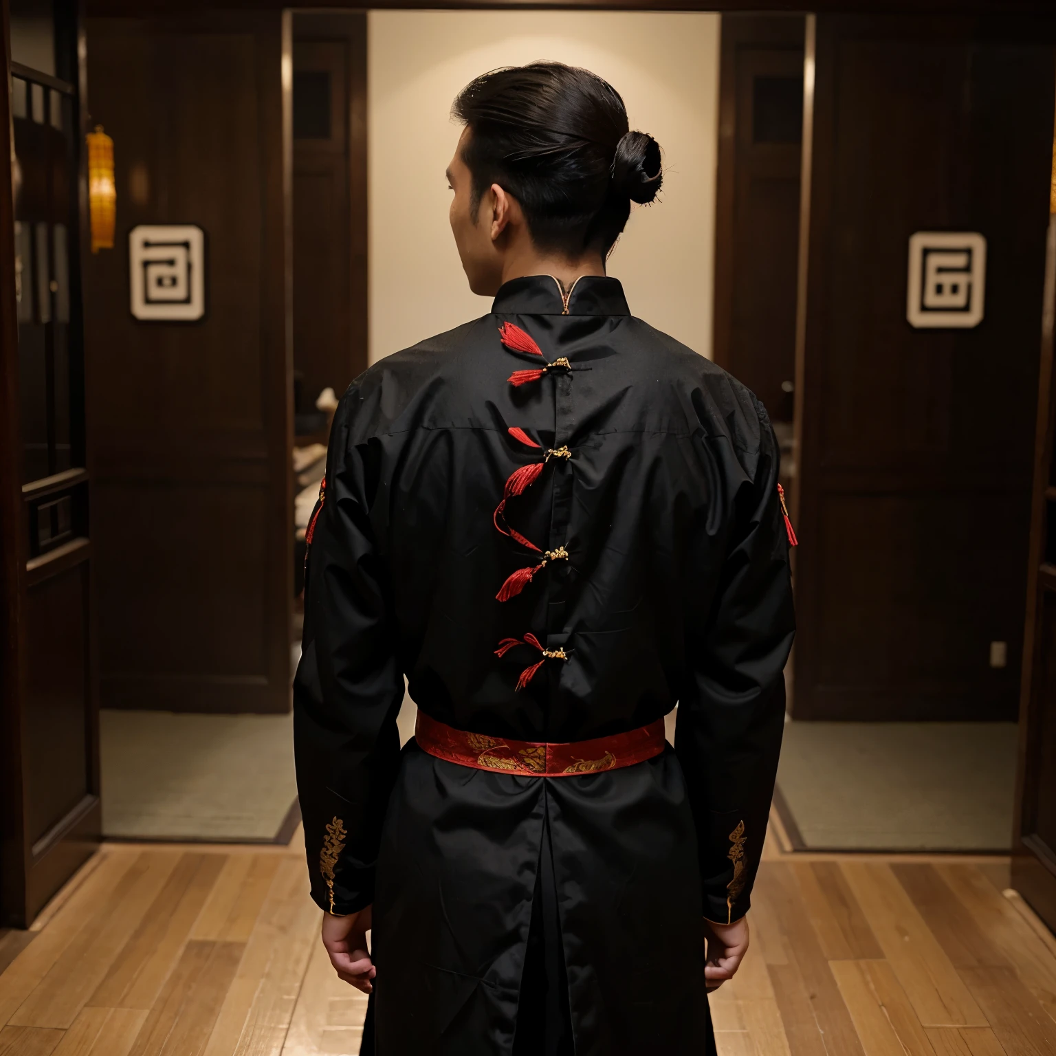 A picture of a man wearing black traditional Chinese clothing standing with his back turned.