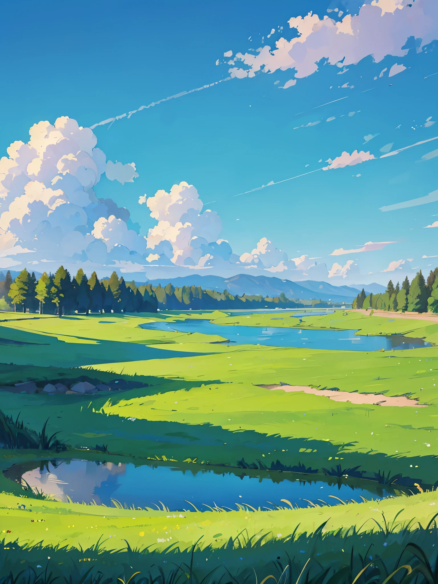 A vast grassland with a blue sky full of clouds with lake