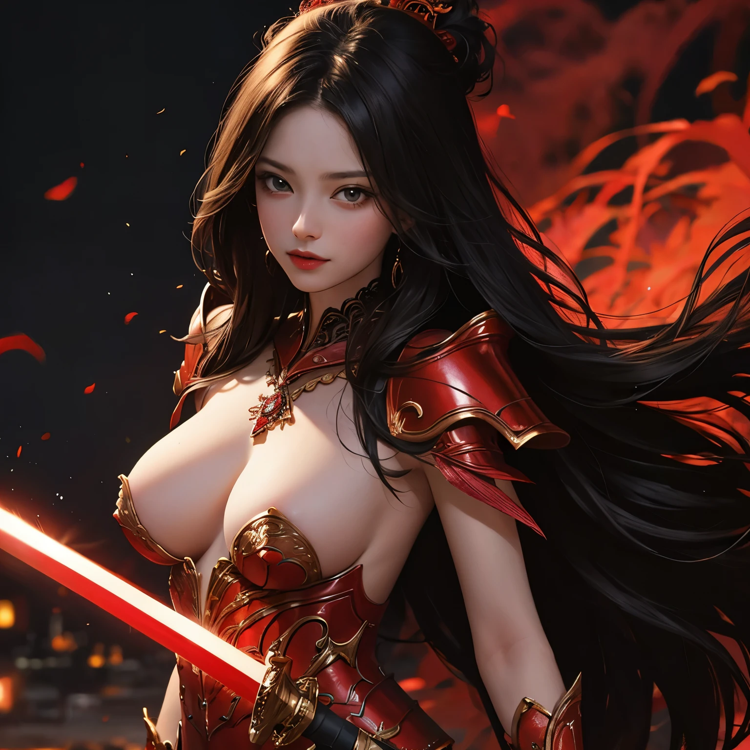 NSFW((masterpiece)), (((Best Quality))), ((Ultra-detailed)), (extremely detailed photo), ((extremely delicate and beautiful)),(Cute delicate face), (A 30 years old dignified girl),red and black armor ,(holding a red glowing sword ),against a dark background in a city,solo, black hair, double eyelid,delicate skin,slender body shape,