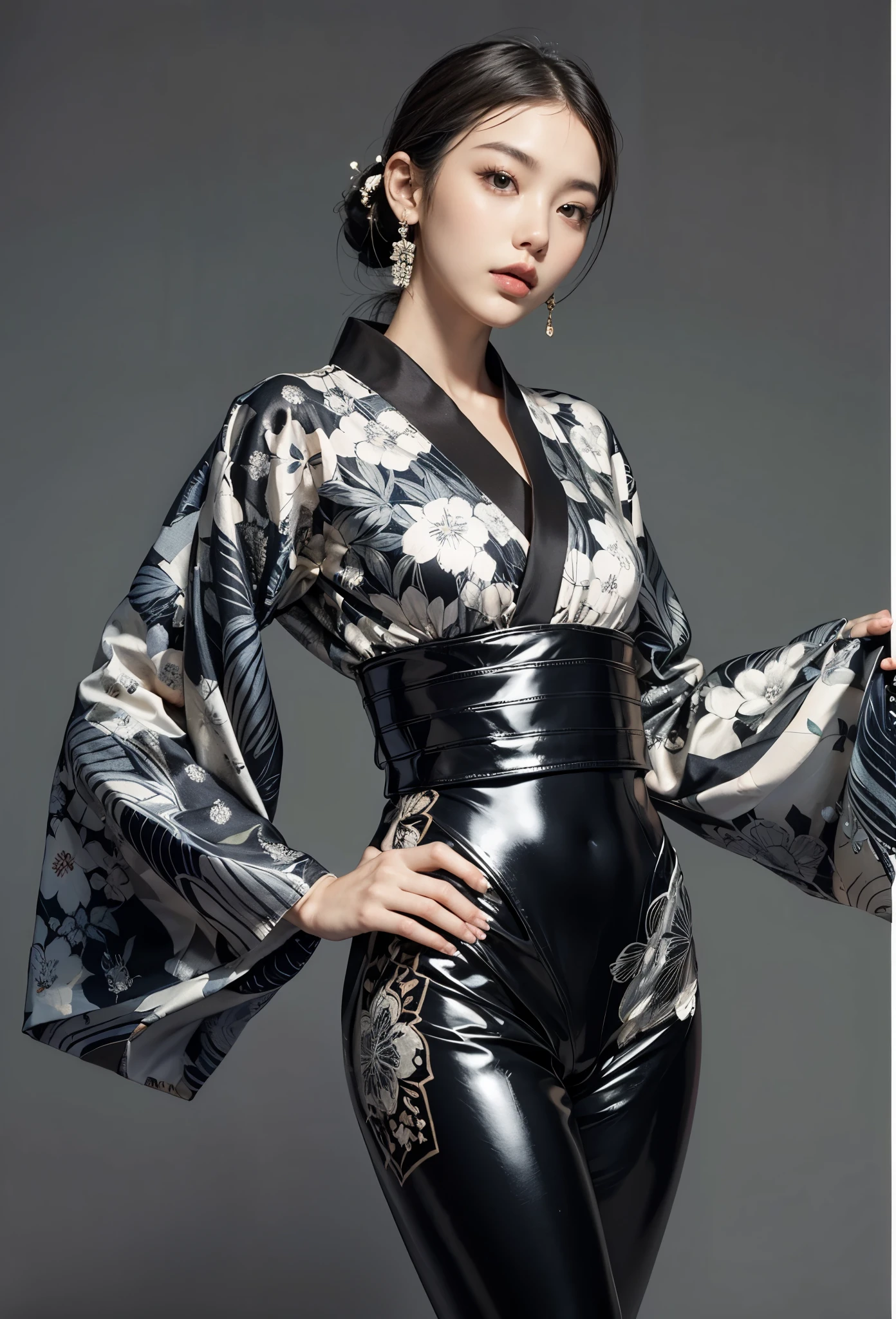 //Character
1girl,
BREAK
//Fashions
Geometric Pattern Printed Kimono-Inspired Bodysuit Ensemble,
Craft a captivating ensemble by merging the elegance of a Japanese kimono with a modern twist, featuring a bodysuit with kimono-inspired sleeves and collar, adorned with geometric pattern prints,
Embellish the upper body of the ensemble in the style of a kimono with intricate geometric pattern prints adorning the sleeves and collar, evoking the traditional beauty of Japanese textile design,
BREAK
Opt for a deep V-neckline or an off-the-shoulder style for the bodysuit, accentuating the modern allure of the ensemble while maintaining the essence of a kimono,
Design the lower half of the ensemble as a sleek and form-fitting latex bodysuit extending to the ankles, in a color palette of black, white, or gray, allowing the kimono-inspired details to stand out,
BREAK
Accessorize with minimalist jewelry such as geometric earrings or sleek cuffs, complementing the geometric pattern prints of the bodysuit ensemble,
Complete the look with sleek thigh-high boots or strappy heels in a matching latex material, adding a touch of sophistication and modernity to the overall ensemble,
BREAK