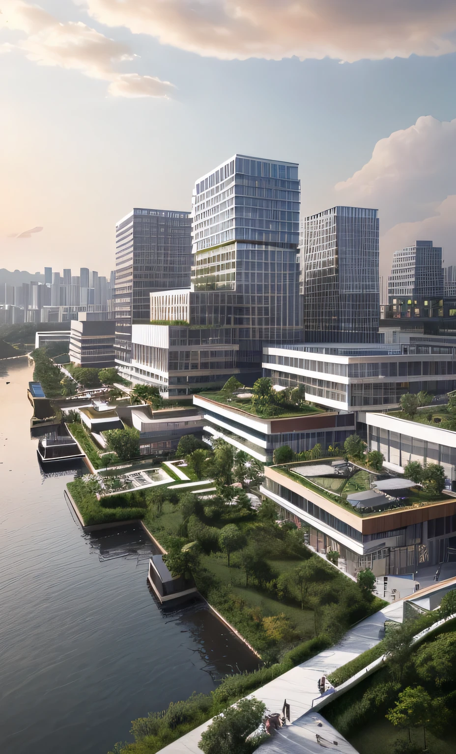 a beautiful rendering of a commercial district near by lake, rolling mountains, (low rise buildings with wood and green roofs near water), designed by SOM and OMA and SASAKI, [[a amazing museum designed by zaha near by water]], Headquarters of the world's top companies designed by apple, beautiful park and landscape in front of water with people activity, [abundant aquatic plants and birds and kayaks in river], [water sports], [[clear sky and sunlight]], [reflection], [[hyper detailed]], architecture rendering , modern architecture, 8k, vray render, [shenzhen China], [sunset], clouds, 35mm photography, urban design, [reality effect], Nature, [regular lines], simple geometry, [[no people, no human]]