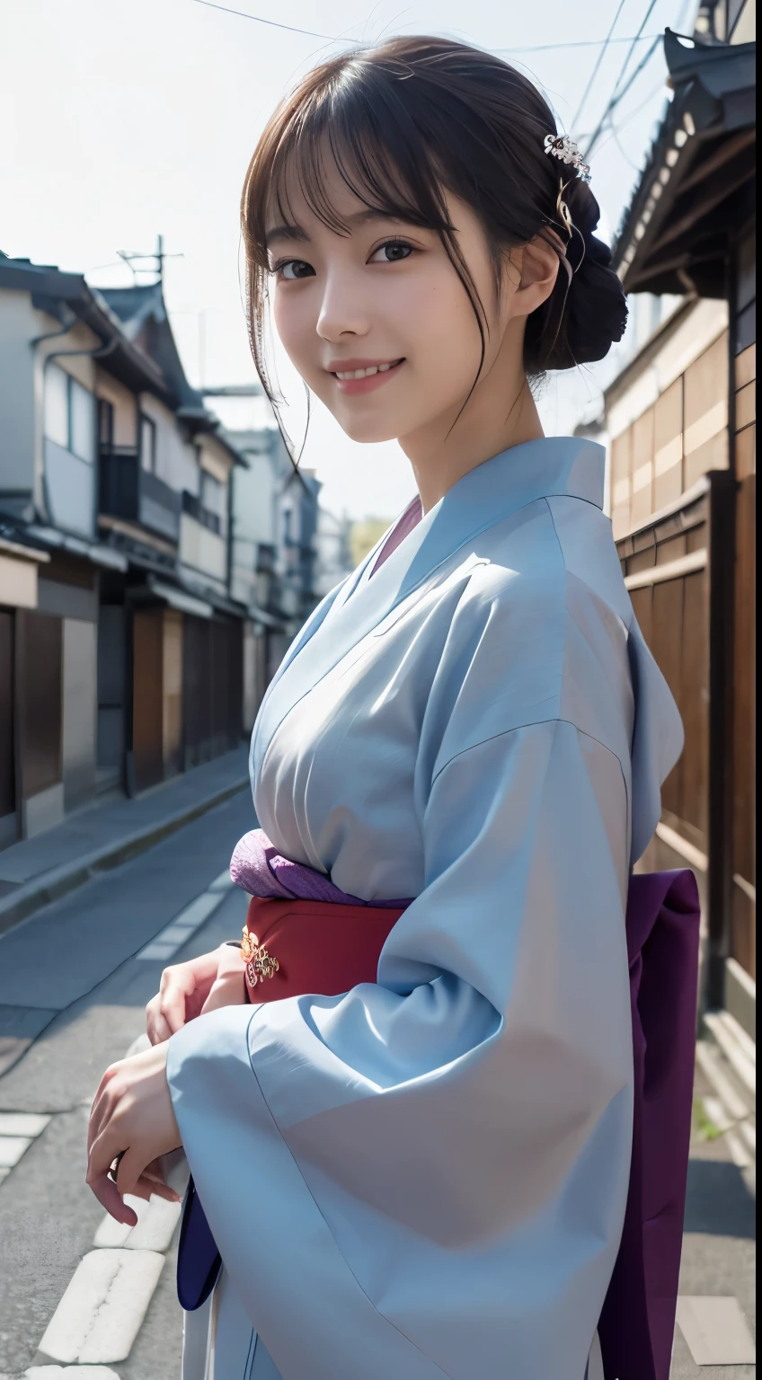 Professional Lighting,(Photorealistic:1.4), (Top image quality:1.0), (超A high resolution:1.0), 8K, Raw photography, (masterpiece:0.2), (Facing the children_v1:0.5)、(最高quality Detail:1.2)、Realistic、8K Ultra HD、High resolution、(1 girl:1.2)、超detailedな、High quality textures、複雑なdetailed、detailed、Very detailed CG、High quality shadows、detailed 美しく繊細な顔、Beautiful details and a delicate eye、(Symmetrical eyes:1.2),Written boundary depth、Ray Tracing,1 girl, Japanese Girls, (Natural smile:1.4),cute, thin, Portrait of a beautiful Japanese woman in a kimono, Standing elegantly on a street corner in Kyoto. Kimono with vibrant traditional patterns, Hair decorated with elegant and delicate hairpins, Gentle expression. (With the old streets of Kyoto in the background:1.4)、The soft light of a spring afternoon、Adding tranquility to the scene. Rendered in a Realistic style with great attention to detail, High resolutionの画像.Sky Porn, Magic Hour, (Realistic:1.3), finely, quality, (Tabletop:1.2), (Realistic:1.2), (最高quality), (複雑なdetailed), dramatic, Ray Tracing, photograph, +roller