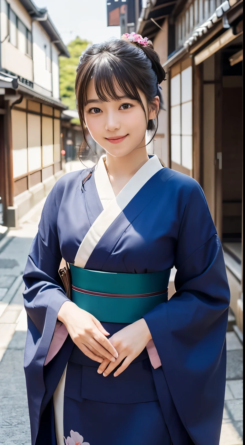 professional lighting,(Photoreal:1.4), (Top image quality:1.0), (超A high resolution:1.0), 8k, Raw photography, (masterpiece:0.2), (Pueros face_v1:0.5)、(最高quality Detail:1.2)、realistic、8k UHD、High resolution、(1 girl:1.2)、超detailedな、High quality textures、intricate details、detailed、Very detailed CG、High quality shadows、detailed 美しく繊細な顔、Beautiful details and delicate eyes、(symmetrical eyes:1.2),Depth of the bounds written、ray tracing,1 girl, japanese girl, (natural smile:1.4),cute, thin, Portrait of a beautiful Japanese woman wearing a kimono, Standing elegantly on a street corner in Kyoto. A kimono with bright traditional patterns, Hair decorated with an elegant and delicate hairpin, and a gentle expression. (Against the backdrop of the old streets of Kyoto:1.4)、soft light on a spring afternoon、adds tranquility to the scene. Rendered in a realistic style with great attention to detail, High resolutionの画像.sky porn, magic hour, (realistic:1.3), finely, quality, (table top:1.2), (realistic:1.2), (最高quality), (複雑なdetailed), dramatic, ray tracing, photograph, +roller
