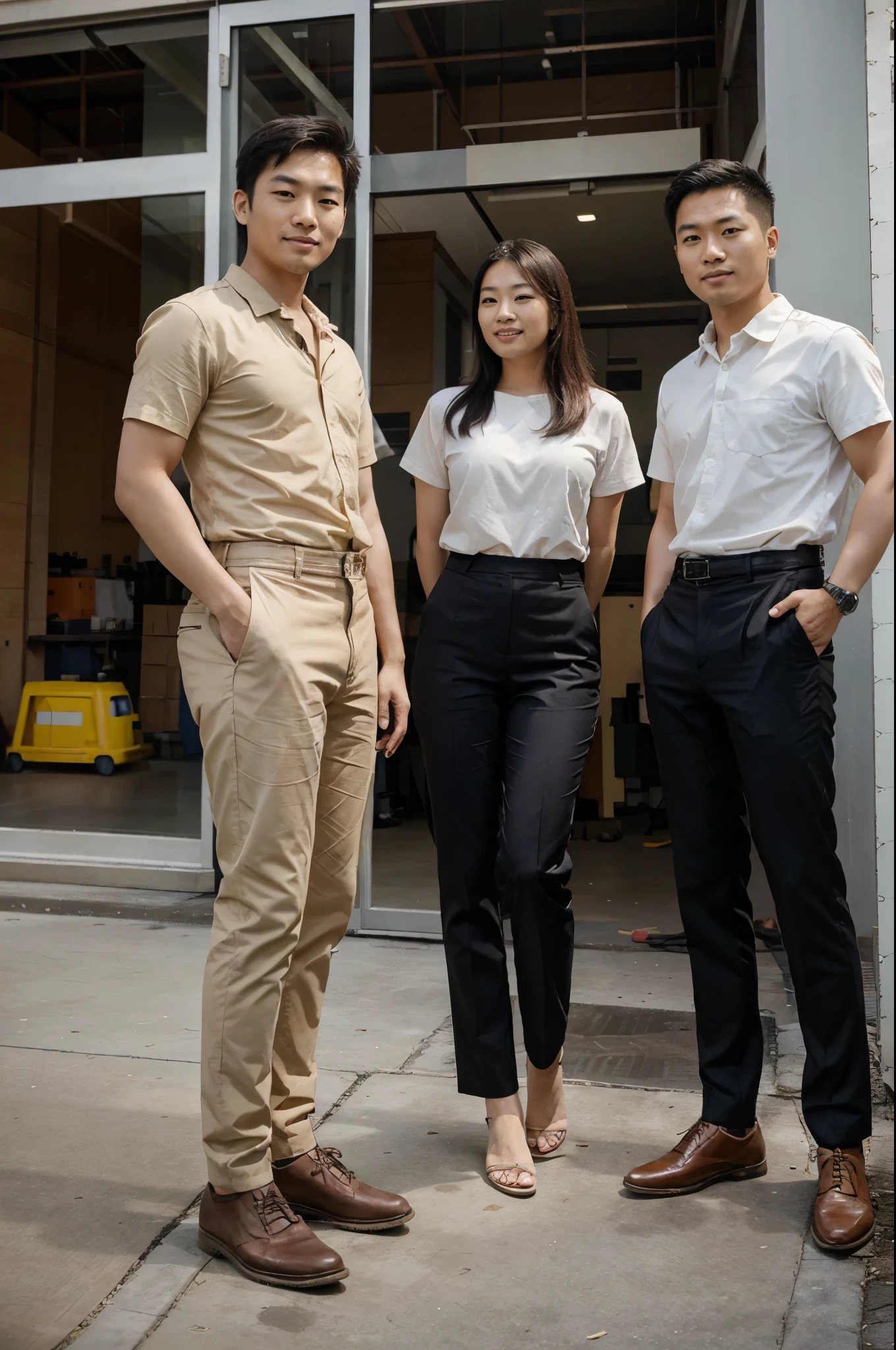 picture of good looking asian people where theyre emphasizing on work culture from construction work to office, happy multiple people looking at the camera