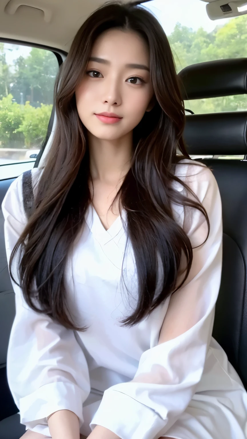 ((top-quality、8k、​masterpiece:1.3))、Beautiful woman with perfect body:1.4、slim abdomen:1.2、Longhair, normal breast, Highly detailed facial and skin texture, A detailed eye, delicate eyes, double eyelid, (smile), (full body shot), ((in the car 1.1)), ((sitting in the car)), ((wearing white uniform)), looking in front