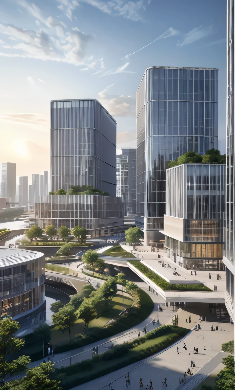 a beautiful rendering of a commercial district near by lake, rolling mountains, (low rise buildings with wood and green roofs near water), designed by SOM and OMA and SASAKI, [[a amazing museum designed by zaha near by water]], Headquarters of the world's top companies designed by apple, beautiful park and landscape in front of water with people activity, [abundant aquatic plants and birds and kayaks in river], [water sports], [[clear sky and sunlight]], [reflection], [[hyper detailed]], architecture rendering , modern architecture, 8k, vray render, [shenzhen China], [sunset], clouds, 35mm photography, urban design, [reality effect], Nature, [regular lines], simple geometry, [[no people, no human]]