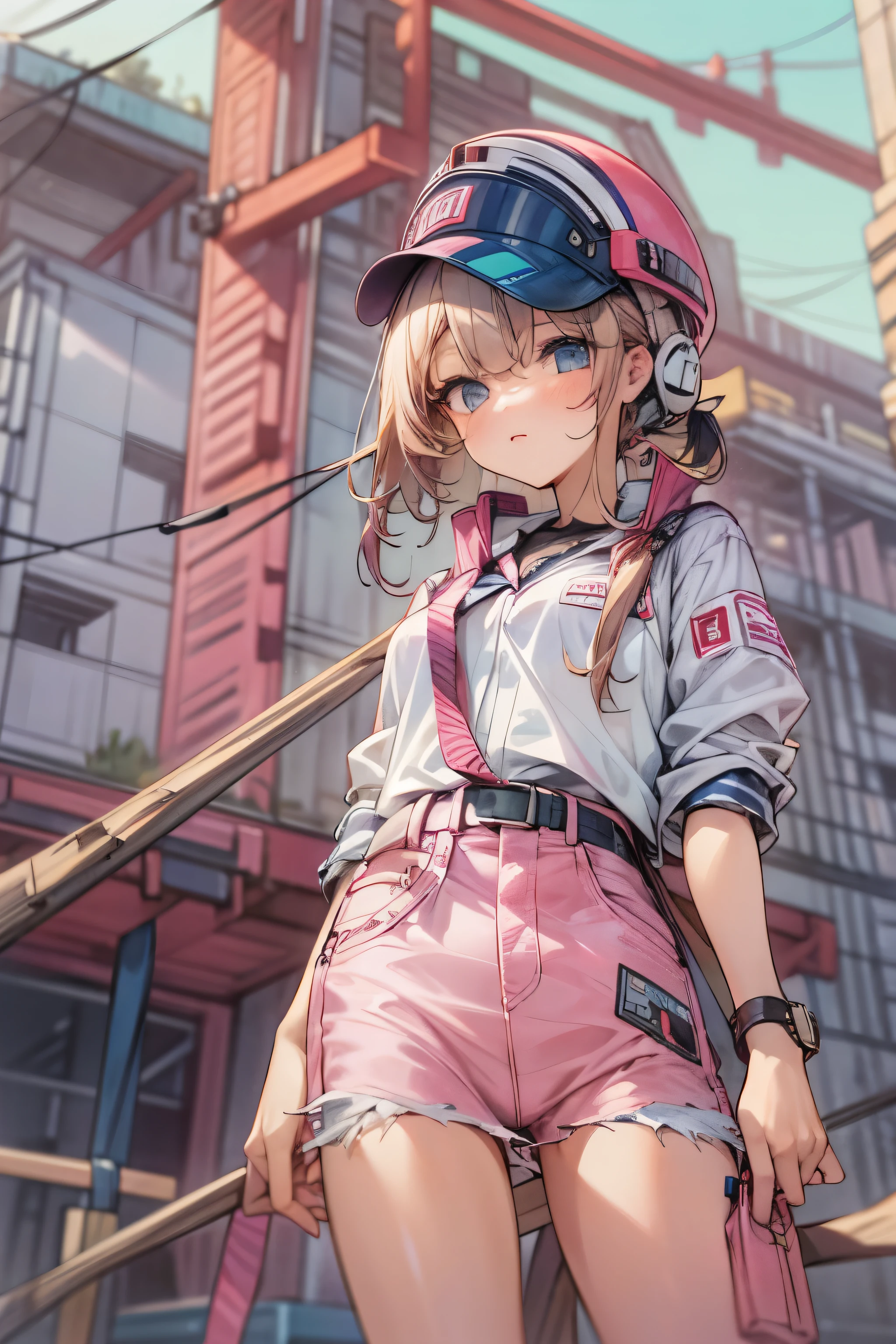 Female 25 years old,positive、jeans作業服 つやのある肌、I enjoy my work、 fine fabric texture, jeans、long sleeve shirt、pink helmet,Construction site、Rear show window、return、looking at camera、