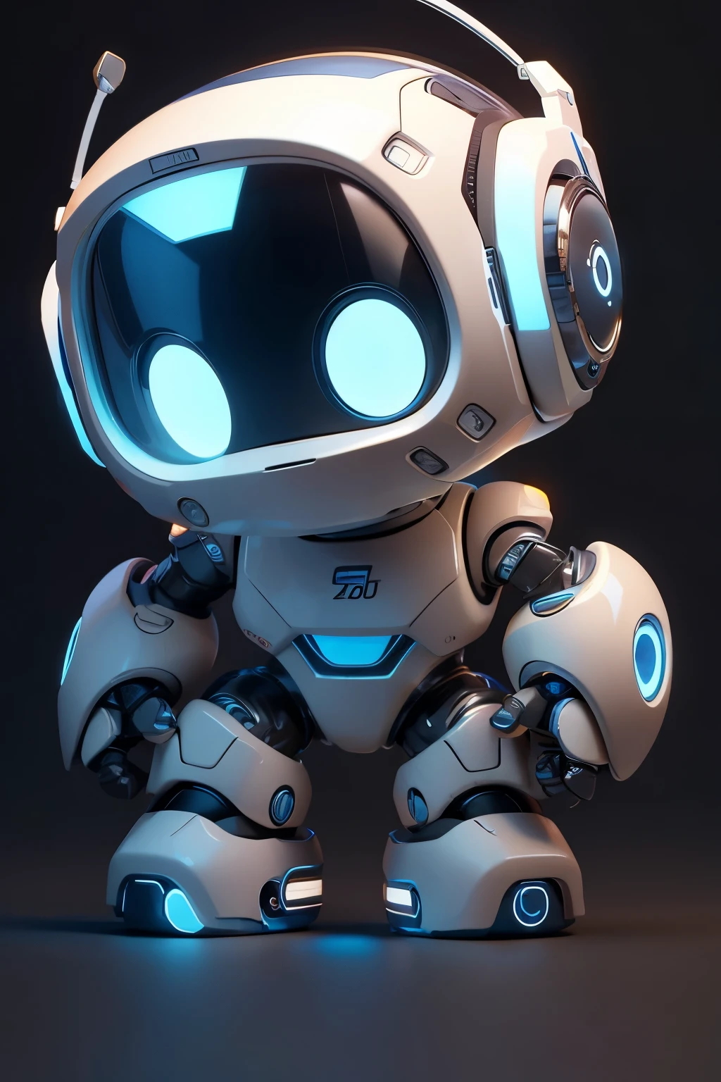 no humans, robot, solo, standing, straight-on, blue eyes, mecha, glowing, white background, full body, science fiction, simple background, glowing eyes, chibi, humanoid robot