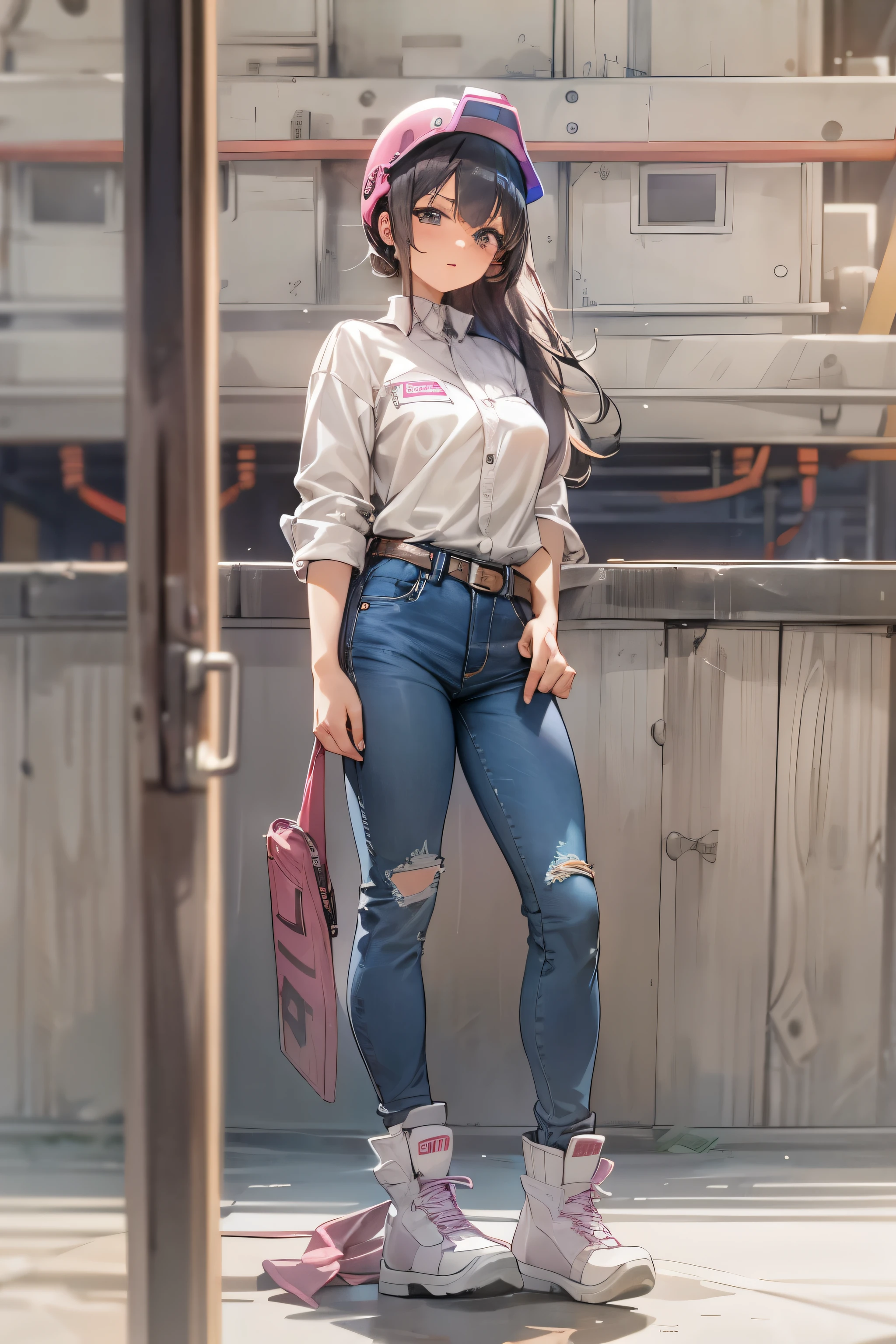 Female 25 years old,positive、jeans作業服 つやのある肌、I enjoy my work、 fine fabric texture, jeans、long sleeve shirt、pink helmet,Construction site、Rear show window、return、looking at camera、