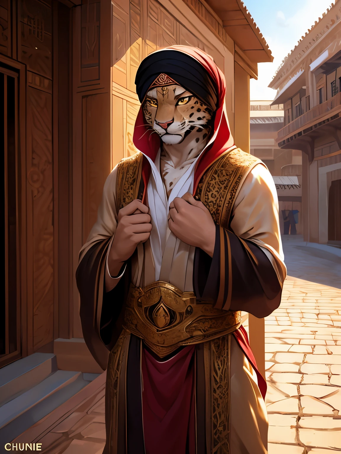 4k, ,8K, A high resolution, best quality, perfect colors, perfect shadows, perfect lighting, (posted on e621, by Chunie), male, furry, Leopard anthro, (Leopard tail), solo, white fur, Yellow eyes, (Realistic eye details 1.2), Wearing Muslim clothing, arabic fashion, arabic style, thobe, turban, in a street with arabian houses, light smile, authoritative, dignified gaze, Full body like, slim body, in a panoramic view, masterpiece, fit body, perfect male figure, Detailed fur, Detailed face, dramatic lighting, soft lighting, day, highly detail, (Detailed eyes), perfect pupils, detail eyes, detail fluffy fur, (seductive face:1.2), (correct anatomy:1.2), (Complex), (Super Detail), (Ultra Clear), (Best Quality)