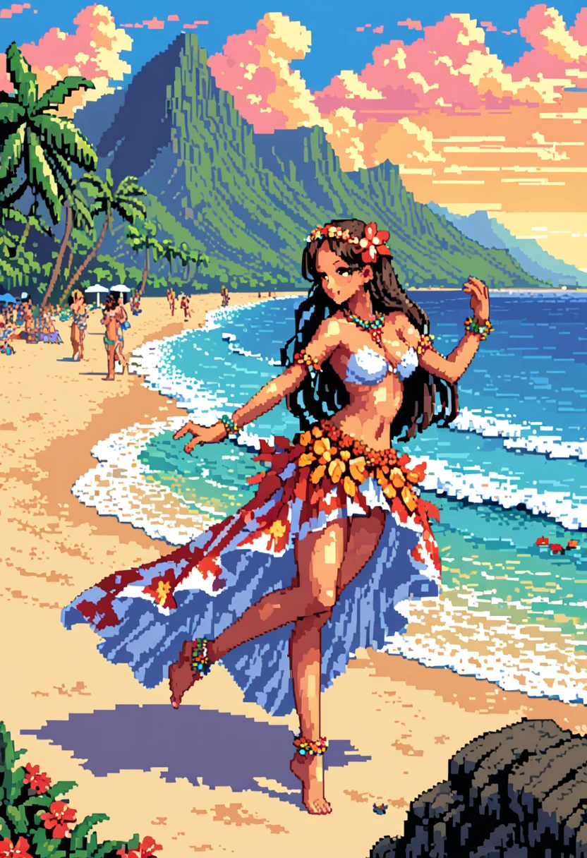 pixel art, dance show on Hawaii beach, best quality, masterpiece, Representative work, official art, Professional, Ultra intricate detailed, 8k