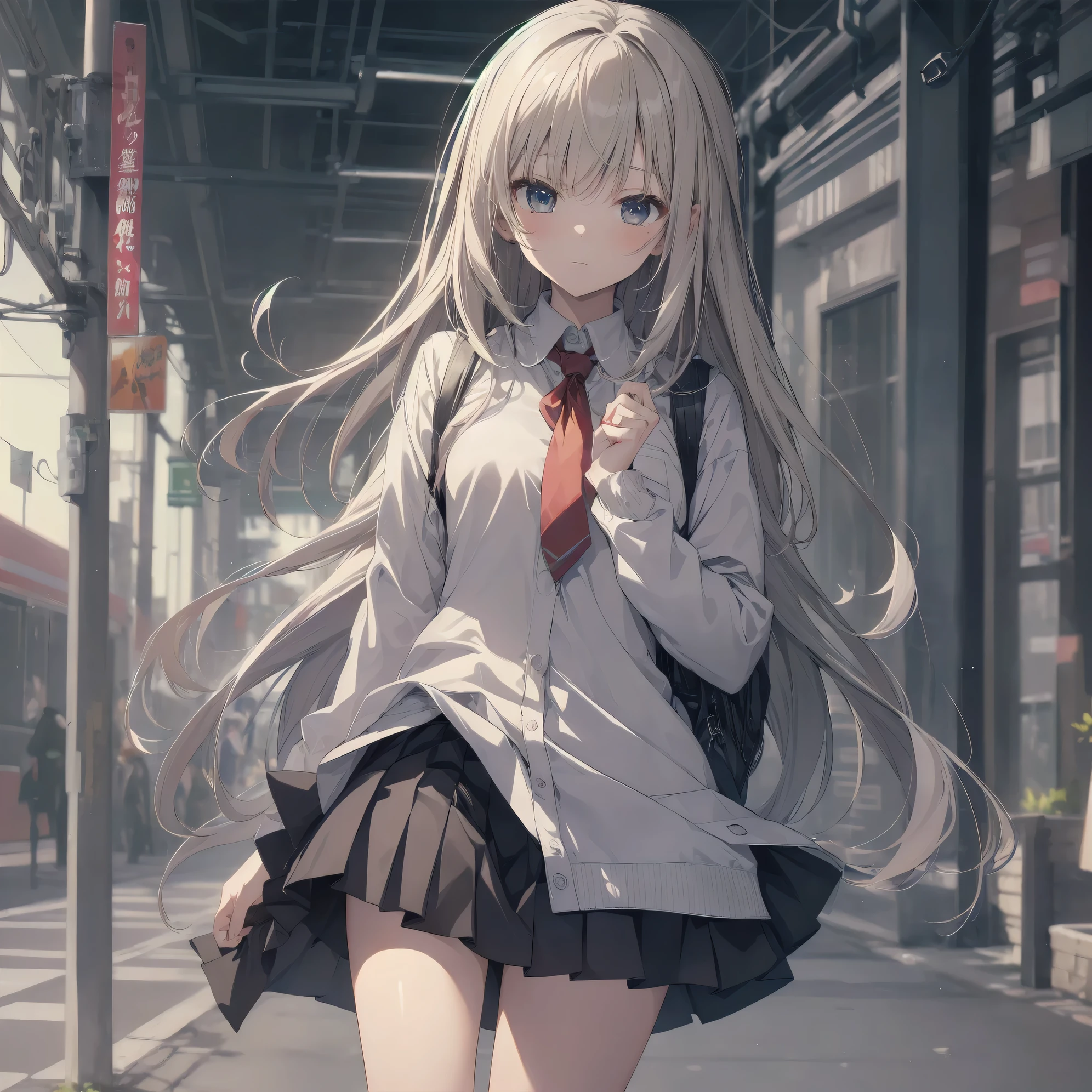 Anime girl with long hair and a tie walking down a street - SeaArt AI
