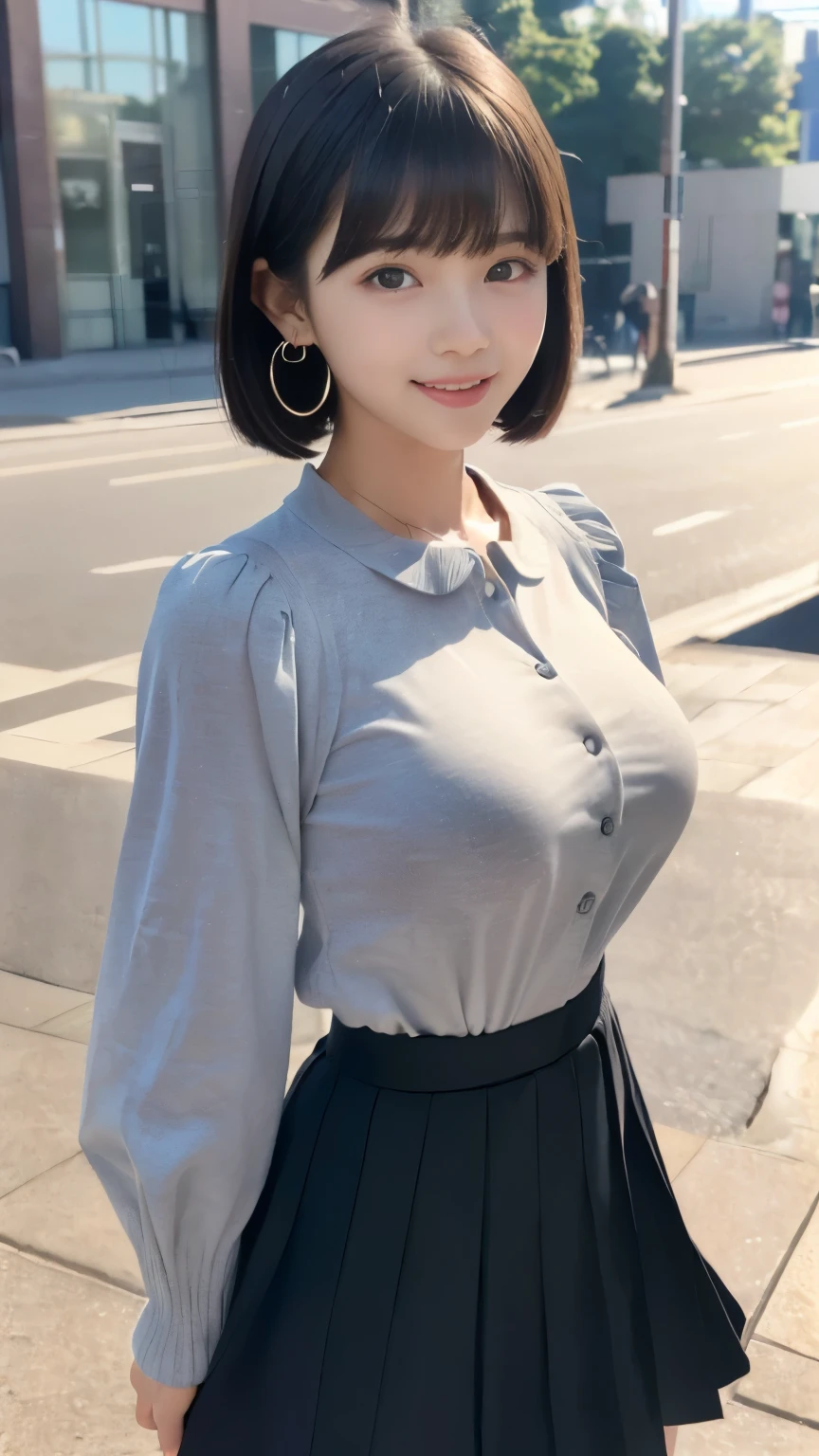 Masterpiece, Best-quality, RAW-photo, Ultra-High-Resolution, Photorealistic, 
(Anatomically correct, -yeld, vir's lover, She is in a romantic relationship with the viewer, Settings that interact with viewers, baby face,e, Perfect human body, slim waist and busty body, Slender legs, Large breast, Realistic skin, angle from below), 
((Teenage fashion, high teen style, Moe sle, overly long sleeves, Wear blouson, micro mini pleated skirt, high cut bootaiko, Round face, Black hair, Moist eyes, Shining eyes, Short bob cut, Bangs, Down-slating eyebrows, one little earring, Light blush), 
(Look at the viewer, make eye contact with the viewer, show whole body, turn the body forward), 
(Smiling happily, parted lips, tongue), 
(Meeting scene in front of the station, welcoming the viewer, greet the viewer), 
Natural lighting, full length, 