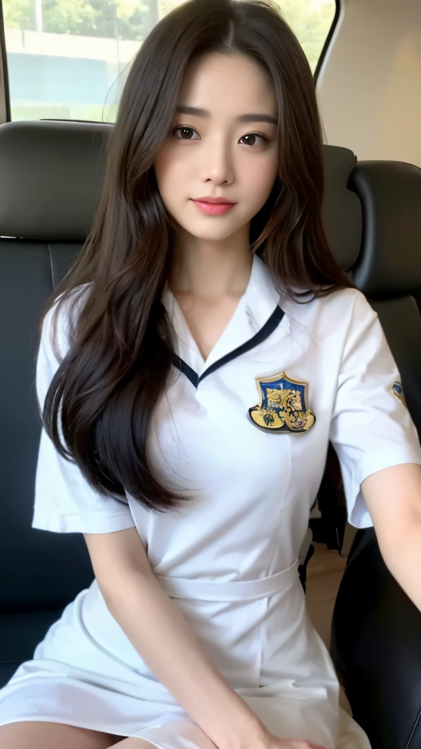 ((top-quality、8k、masterpiece:1.3))、Beautiful woman with perfect body:1.4、slim abdomen:1.2、Longhair, normal breast, Highly detailed facial and skin texture, A detailed eye, delicate eyes, double eyelid, (smile), (full body shot), ((sitting on car 1.1)), (sitting on car), ((wearing white uniform)), looking in front