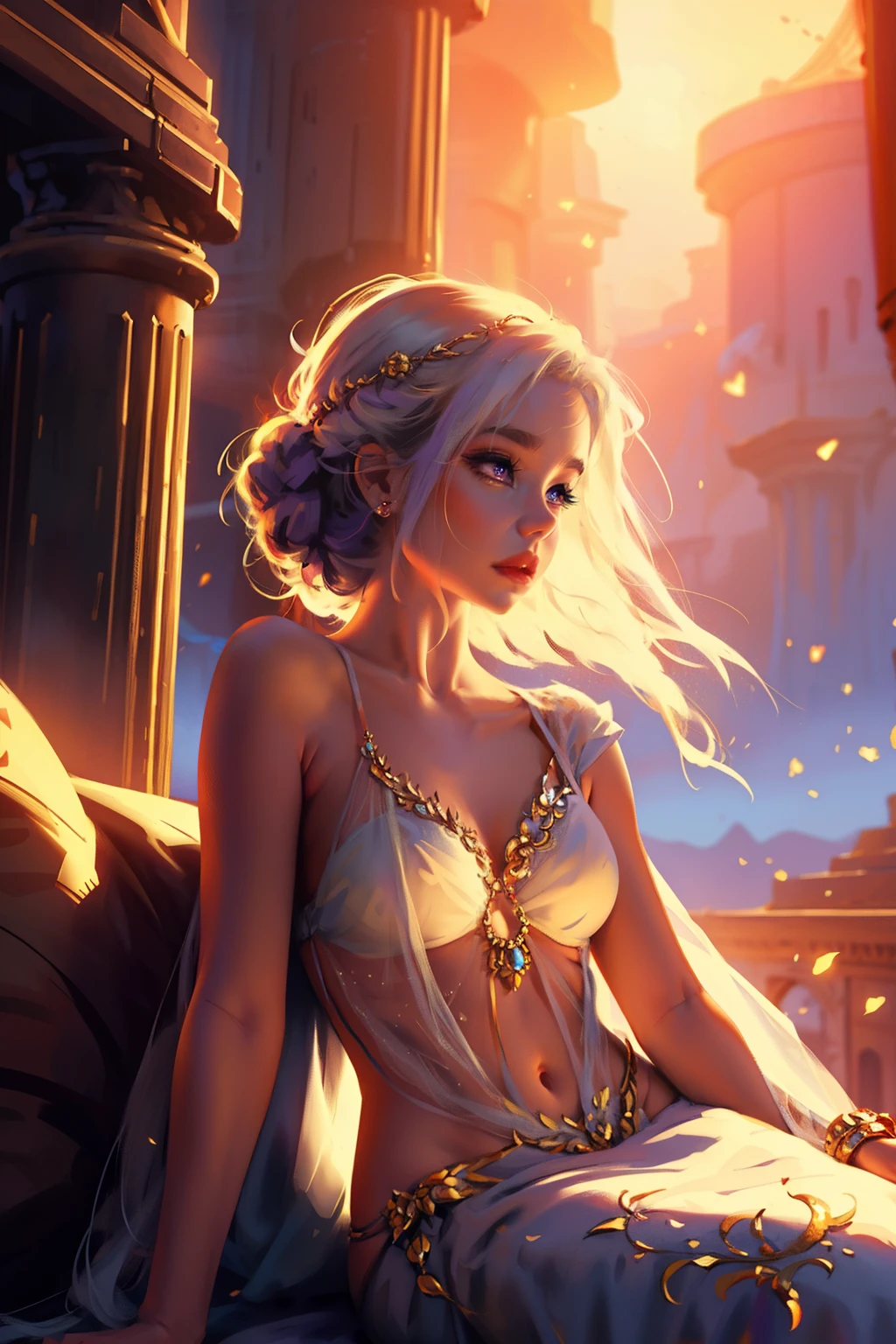 Fantasy, Light, neon, garden, red and blue tones, a girl dressed in a pale white simple silk dress with silver embroidery, looks like Daenerys, long white loose hair, stunning purple eyes, expressive breasts, gold jewelry, delicate face, intricate details, beautiful fantasy setting, 8K, HD