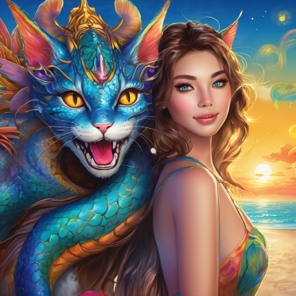 best quality,ultra-detailed,highres,realistic,(vibrant, vivid colors),(beautiful detailed eyes,beautiful detailed lips):(Complex, multiple subjects), (Subject 1: A busty young woman (age 20) with a cute face, long hair, modest swimsuit) celebrates a beach party with a pride of (Subject 2: cat-themed dragons, cat-sized) on a moonlit night. The woman's eyes and lips are beautifully detailed, with vibrant and vivid colors.