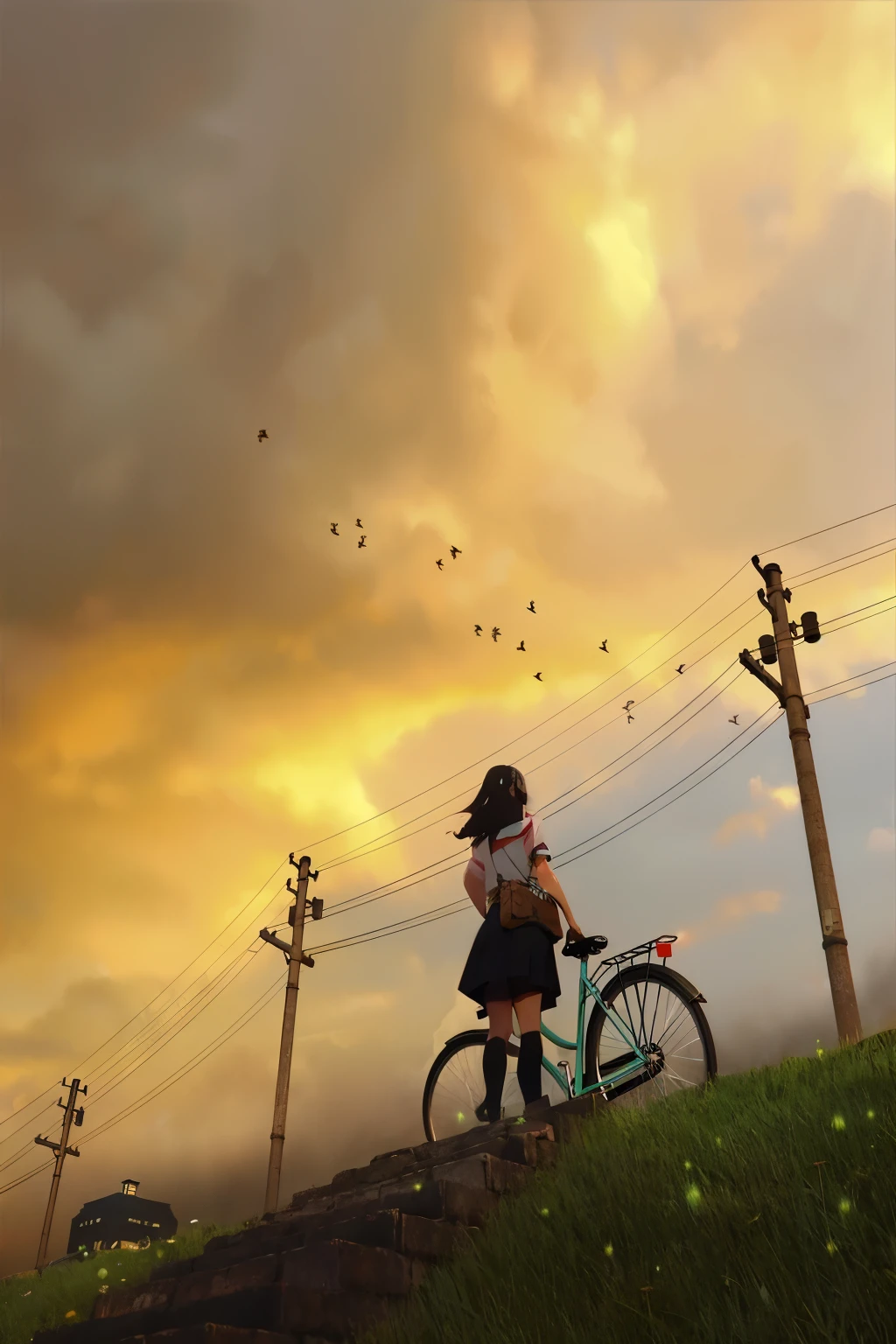 A woman is riding a bicycle on a hill, nostalgic melancholic artwork, beautiful japanese cartoon movies scene, Makoto Shinkai Cyril Rolando, Writer: Zou Zhe, Girl Cloud, amazing wallpaper, Girl watching the sunset, Watching the sunset. japanese cartoon movies, Sunset and big clouds behind her, Guweiz style art work, Super realistic scene
