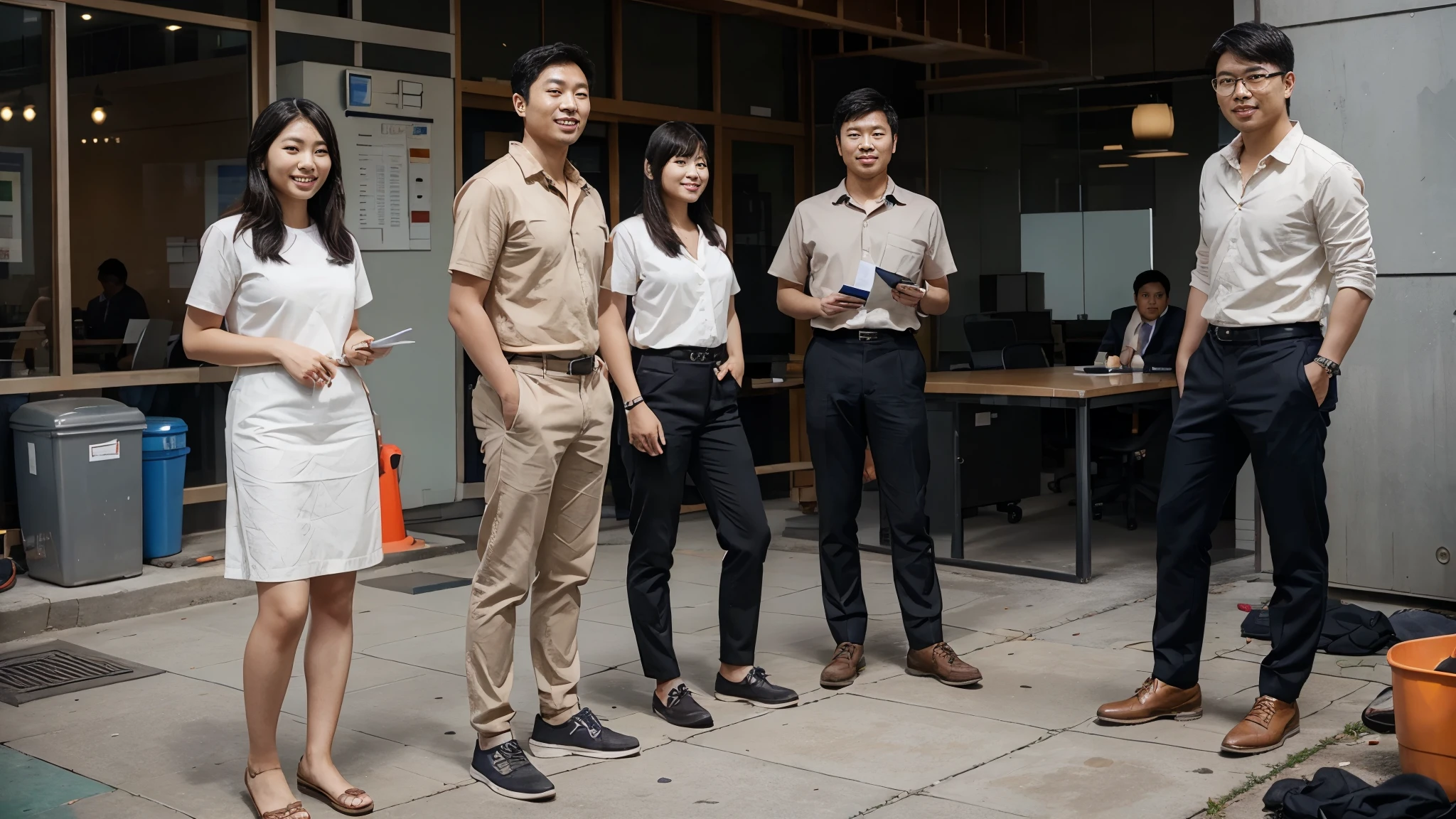 picture of good looking asian people where theyre emphasizing on work culture from construction work to office, happy multiple people looking at the camera