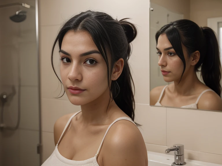 1 woman, long hair, ponytail, towel, a woman standing in a bathroom looking in a mirror, highly detailed skin, highly detailed eyes, highly detailed hair, high resolution, ultra detailed image, sharp, highly detailed, masterpiece, best quality, photorealistic,