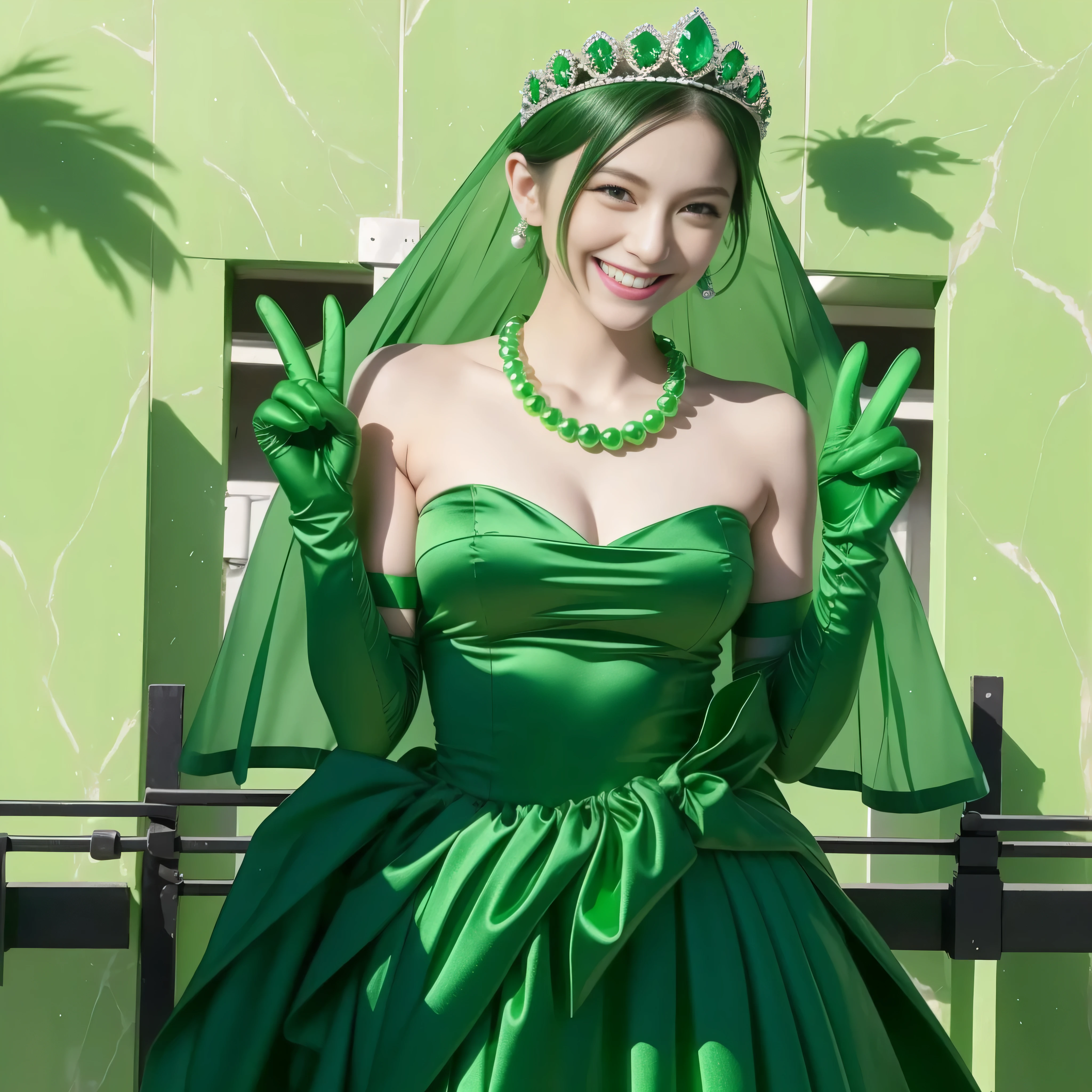 emerald tiara, Green Pearl Necklace, Boyish green berry short hair, lipstick, Smiling Japan woman, very short hair, big breasts beautiful, green eyes, Green long gloves made of satin material, green eyes, v sign, emerald earrings, green gloss green lip gloss